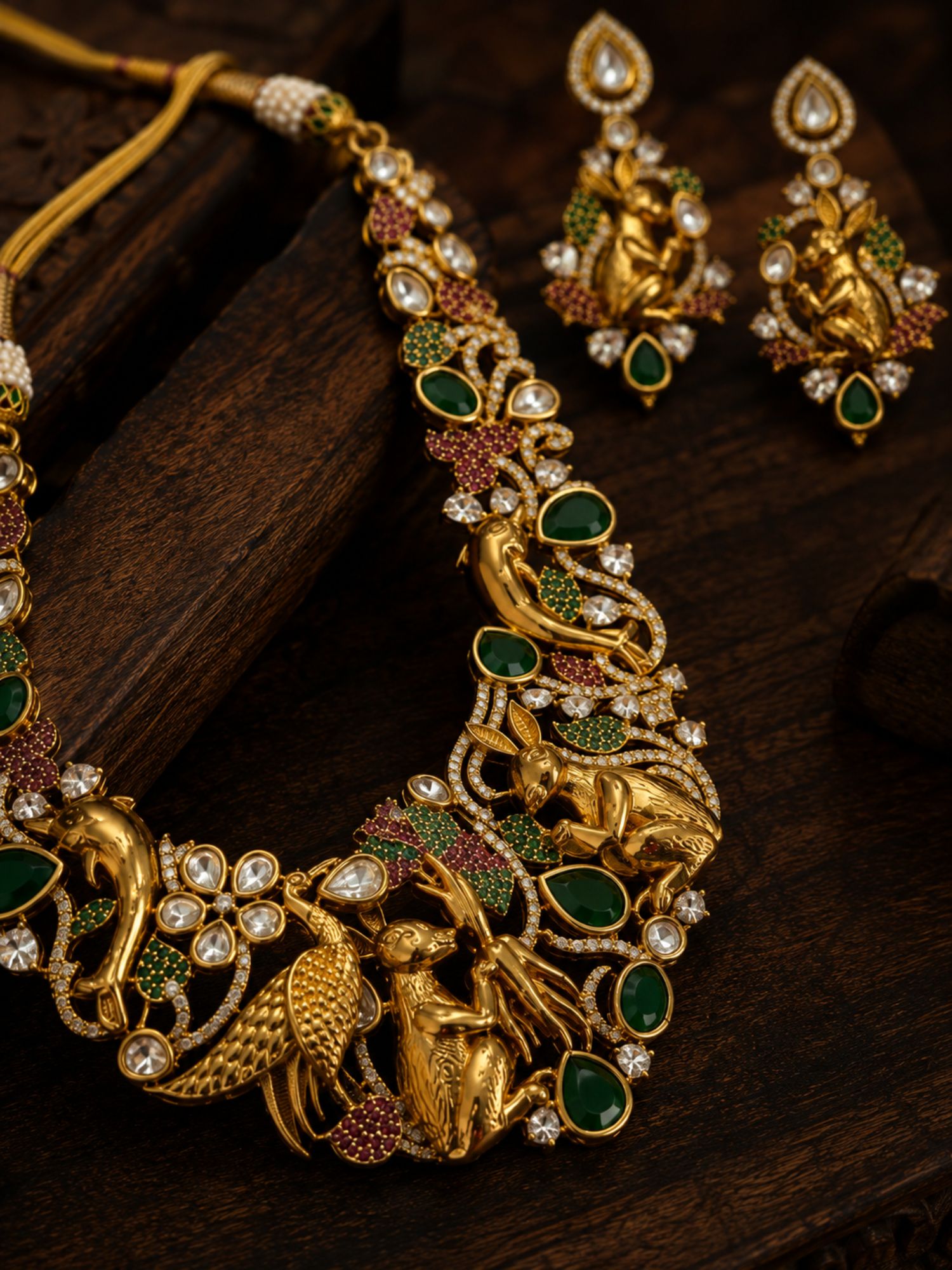 Antique Gold Plated Multicolor Kundan Peacock & Rabbit Necklace Set