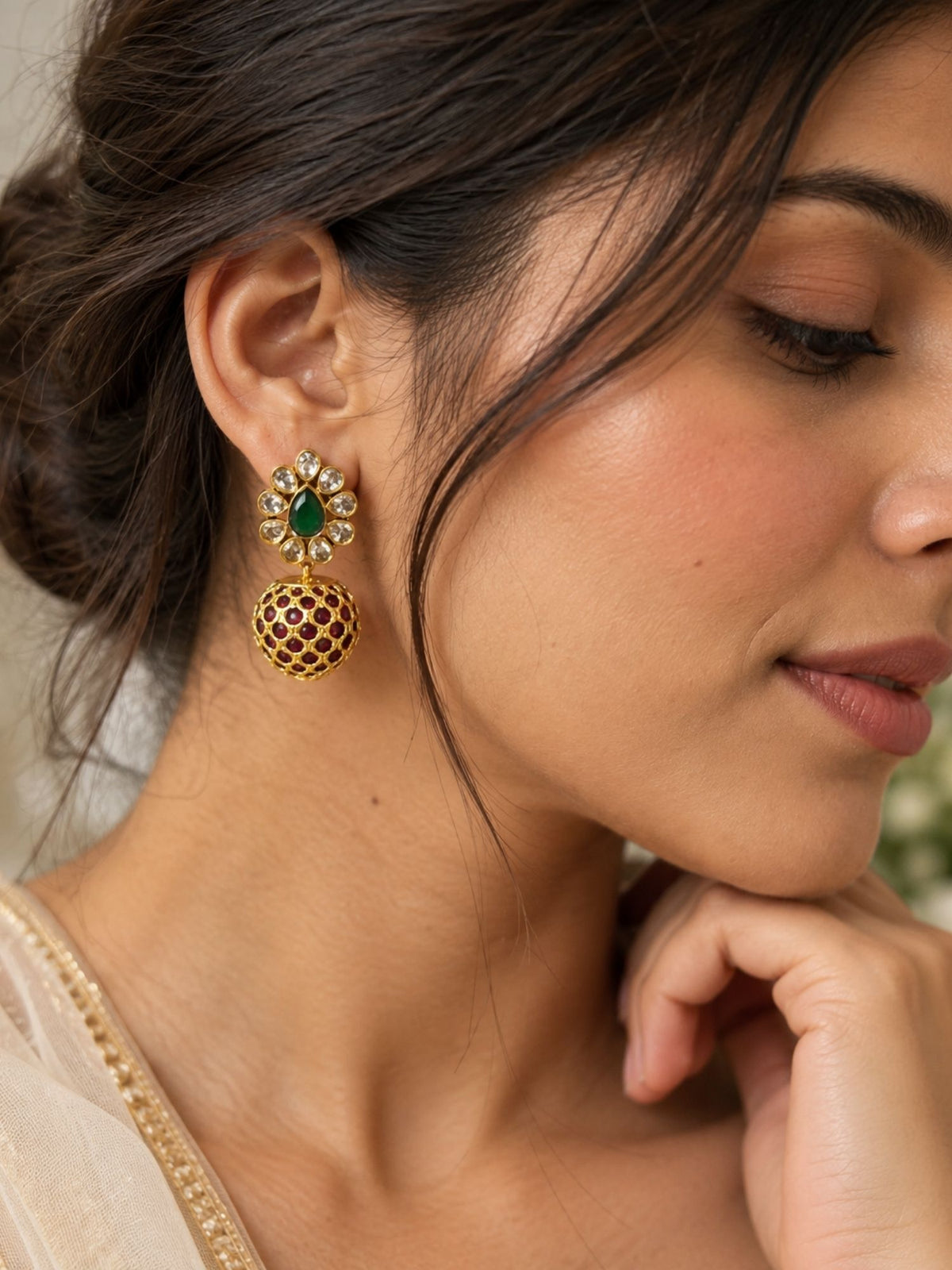 Kundan Green Ruby Ball Drop Earrings Gold Plated | Abdesigns