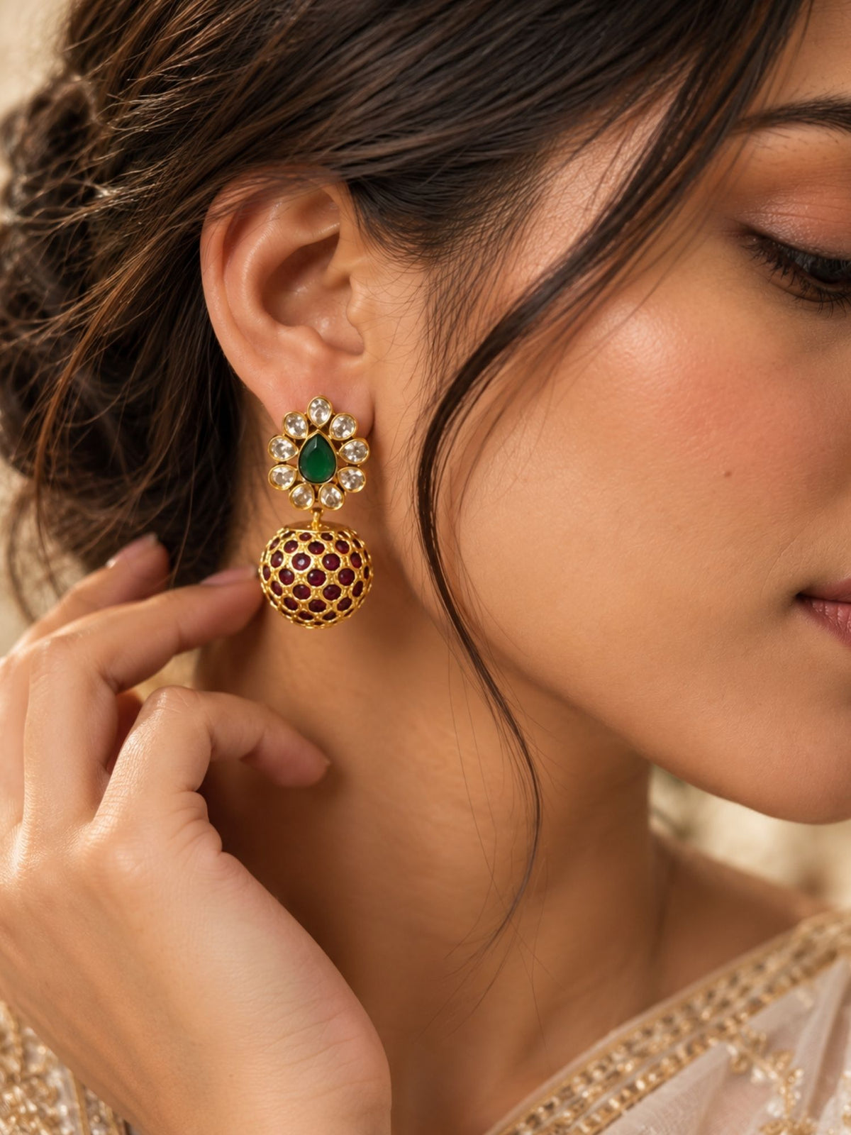 Kundan Green Ruby Ball Drop Earrings Gold Plated | Abdesigns