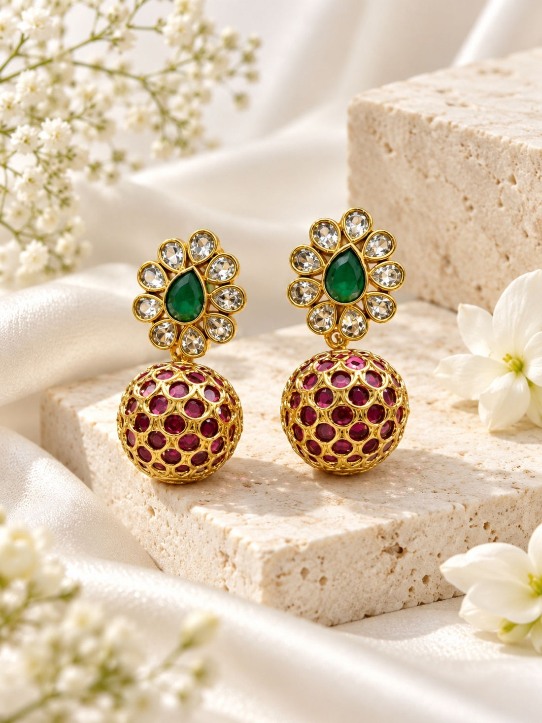 Kundan Green Ruby Ball Drop Earrings Gold Plated | Abdesigns