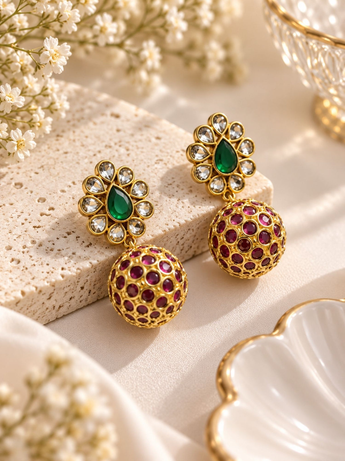 Kundan Green Ruby Ball Drop Earrings Gold Plated | Abdesigns