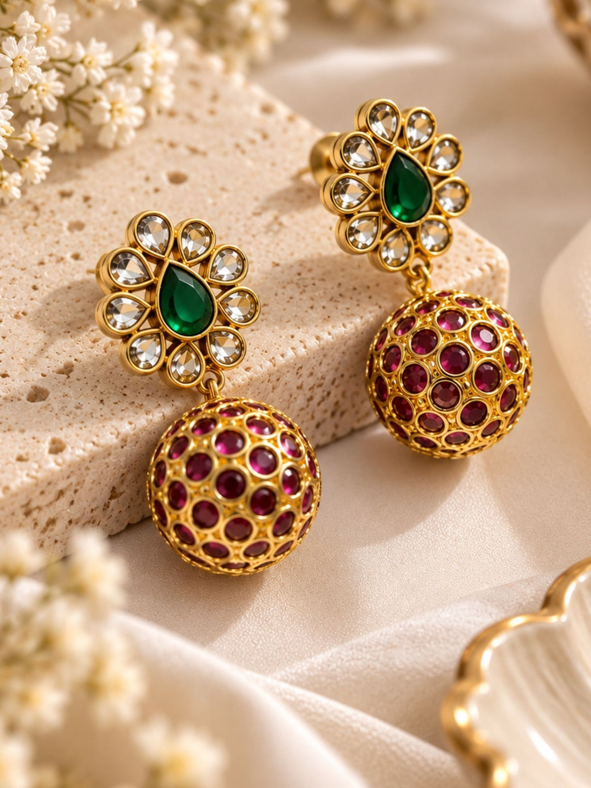 Kundan Green Ruby Ball Drop Earrings Gold Plated | Abdesigns