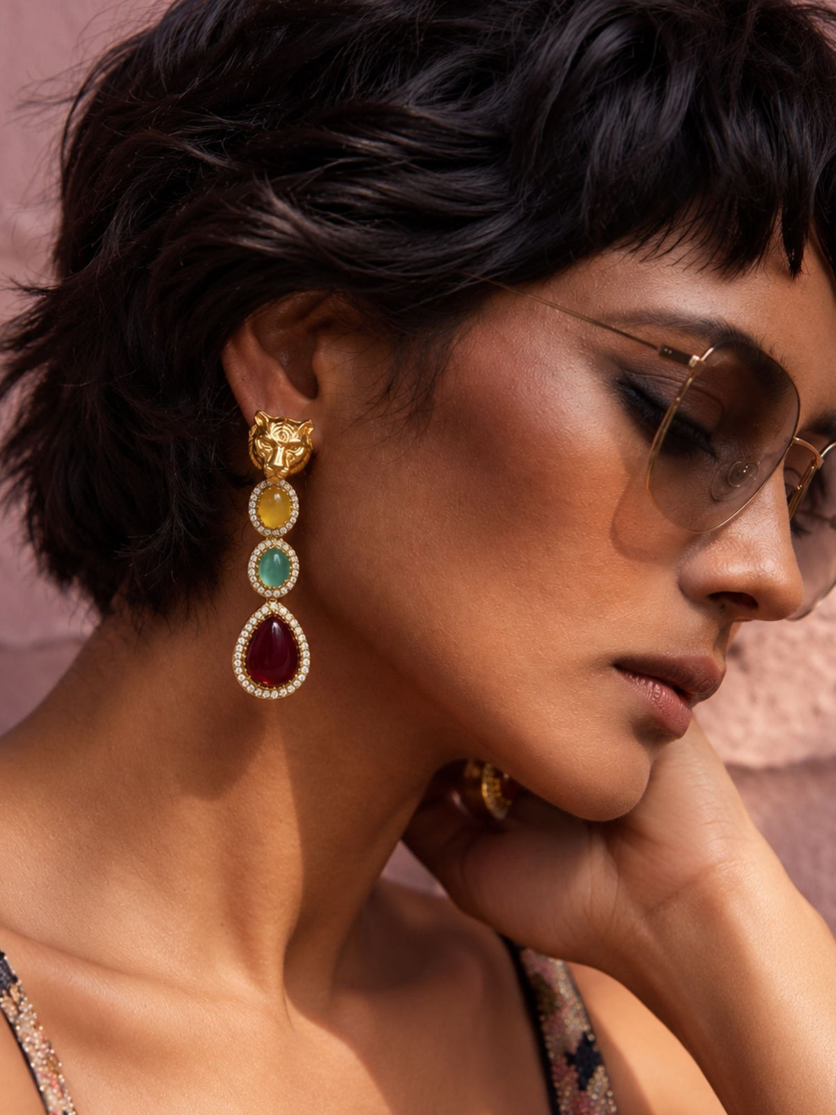 Multicolor Tiger Head Drop Earrings Gold Plated | Abdesigns Jewellery