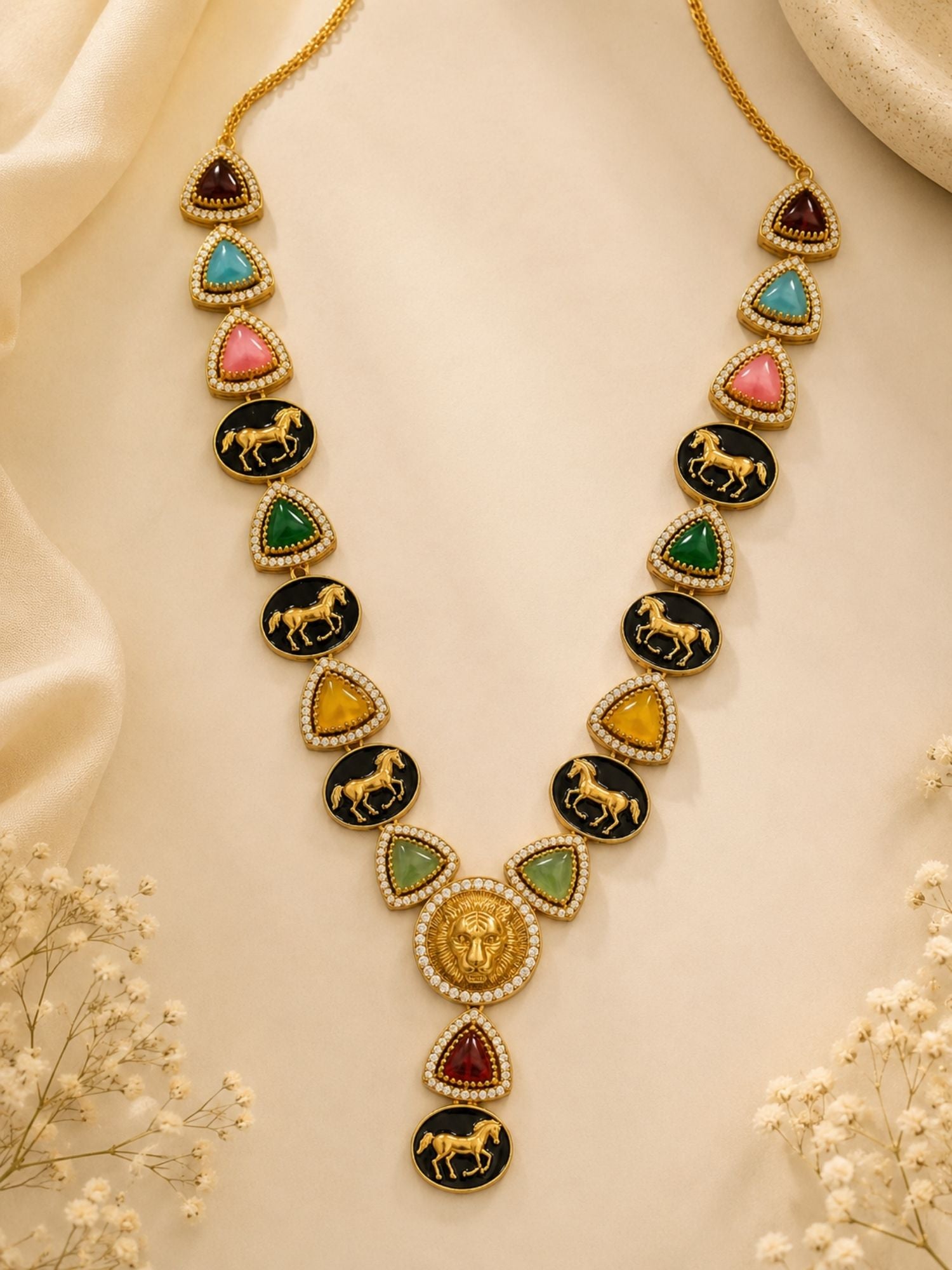 Gold Plated Multicolor Sabyasachi Inspired Lion Necklace Set | Abdesigns