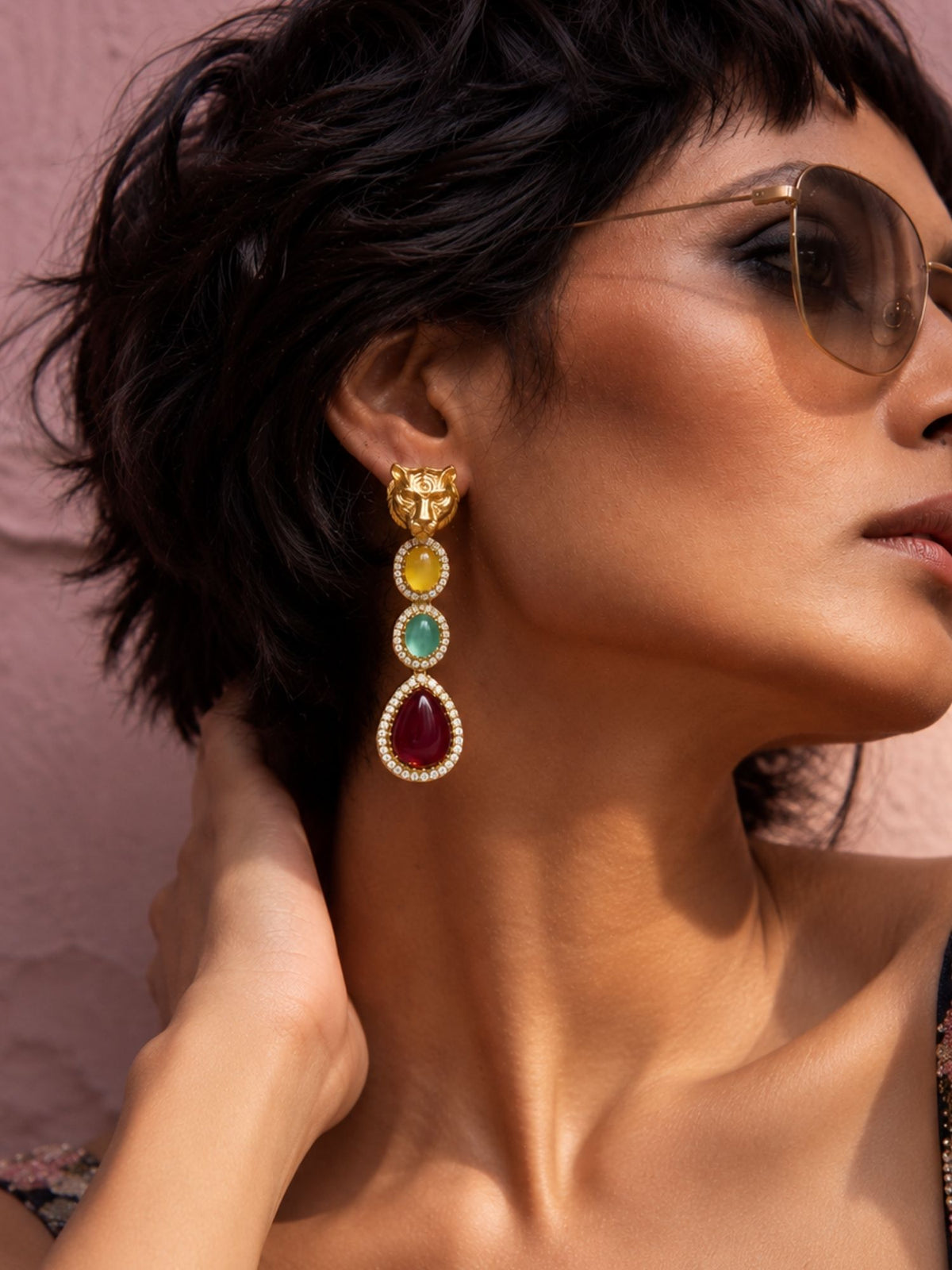 Multicolor Tiger Head Drop Earrings Gold Plated | Abdesigns Jewellery