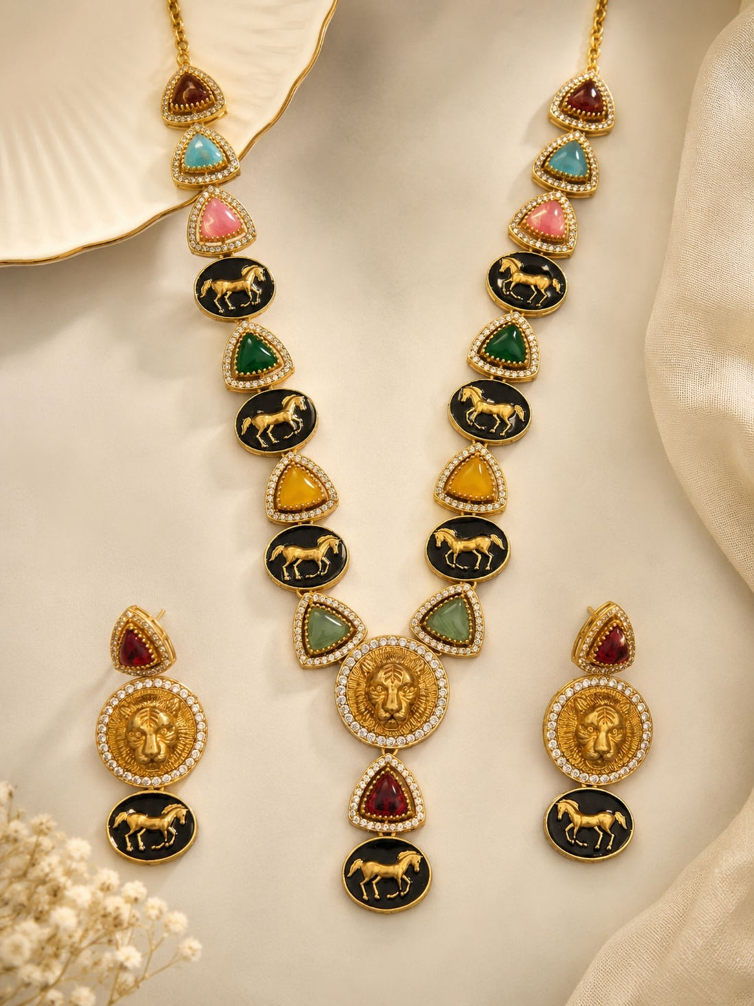 Gold Plated Multicolor Sabyasachi Inspired Lion Necklace Set | Abdesigns