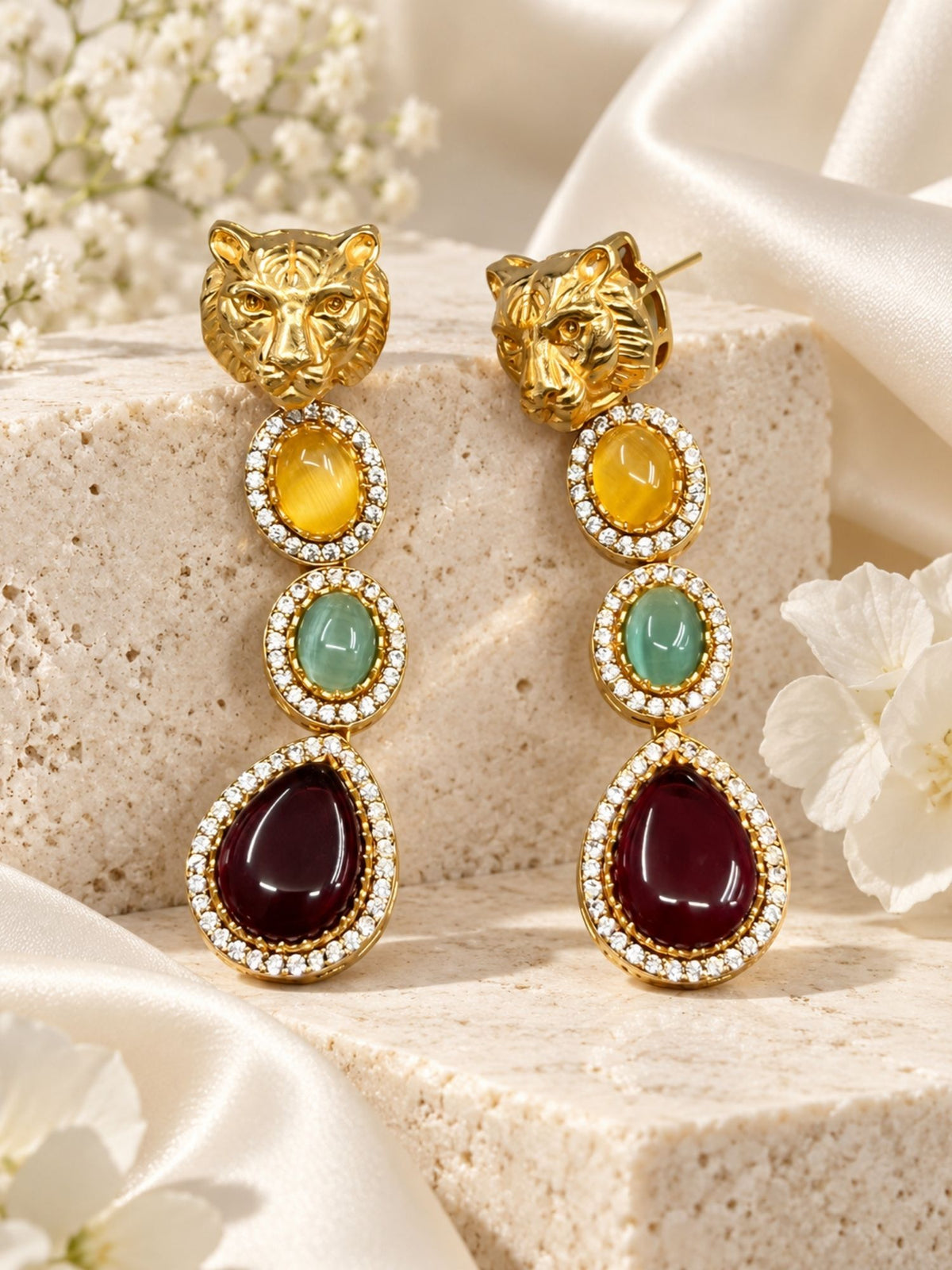Multicolor Tiger Head Drop Earrings Gold Plated | Abdesigns Jewellery