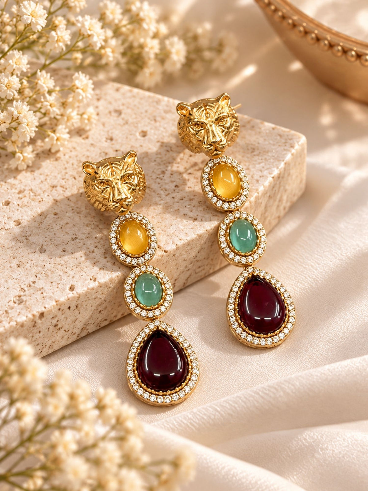 Multicolor Tiger Head Drop Earrings Gold Plated | Abdesigns Jewellery