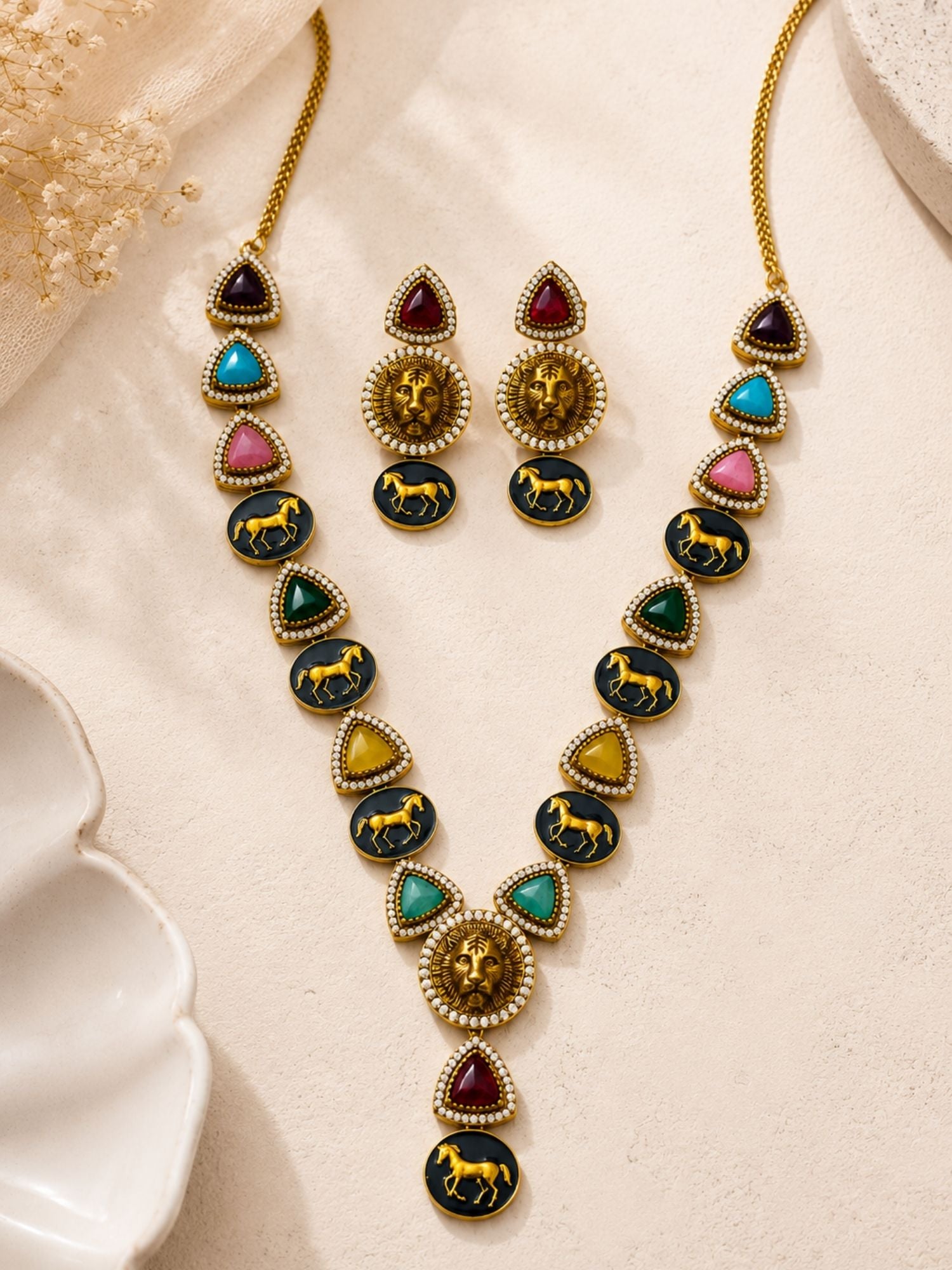 Gold Plated Multicolor Sabyasachi Inspired Lion Necklace Set | Abdesigns