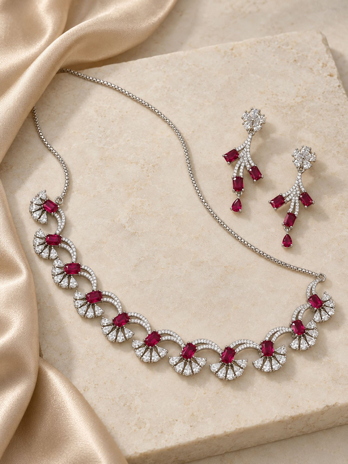 Silver Plated Red Color American Diamond Necklace Set