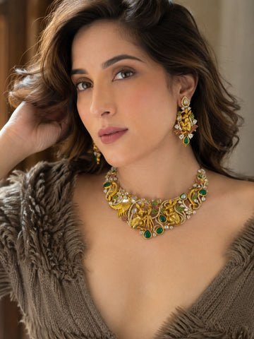 Antique Gold Plated Multicolor Kundan Peacock & Rabbit Necklace Set