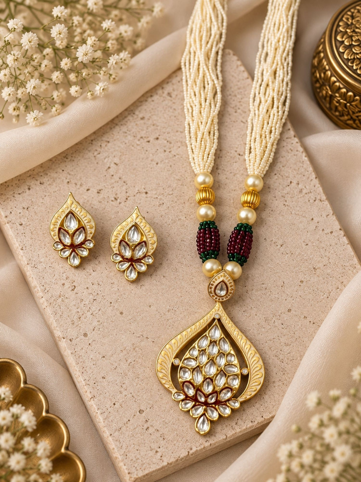 Kundan Pearl Teardrop Mala Necklace Set with Earrings, 4 Colours