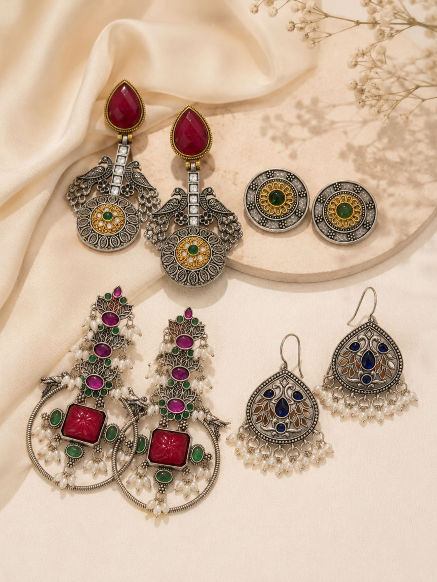 Set of 4 Oxidised Unique Ethnic Earrings for Women