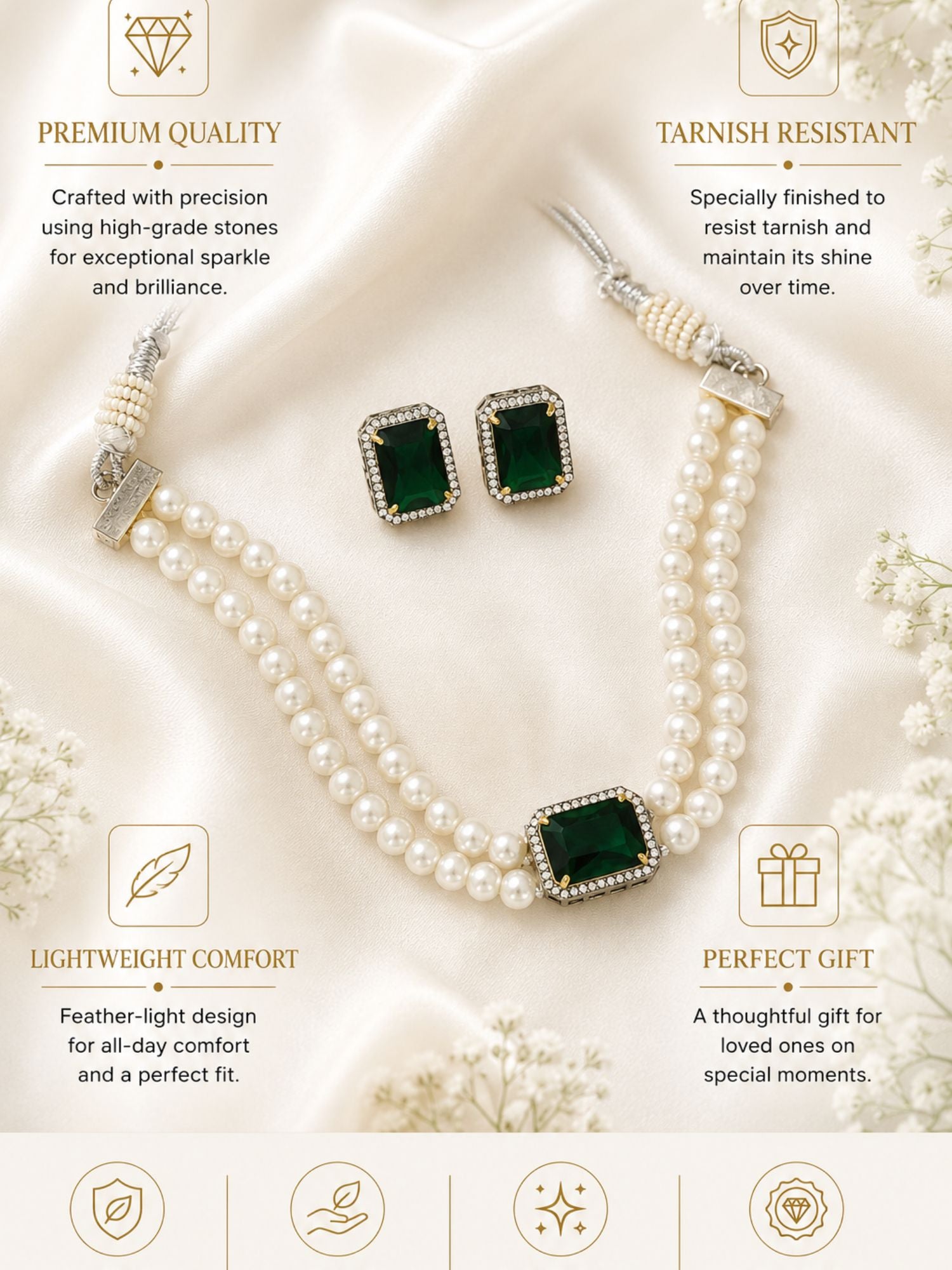 Abdesigns Minimal Oxidsed Gold Emerald Pearl Choker Set