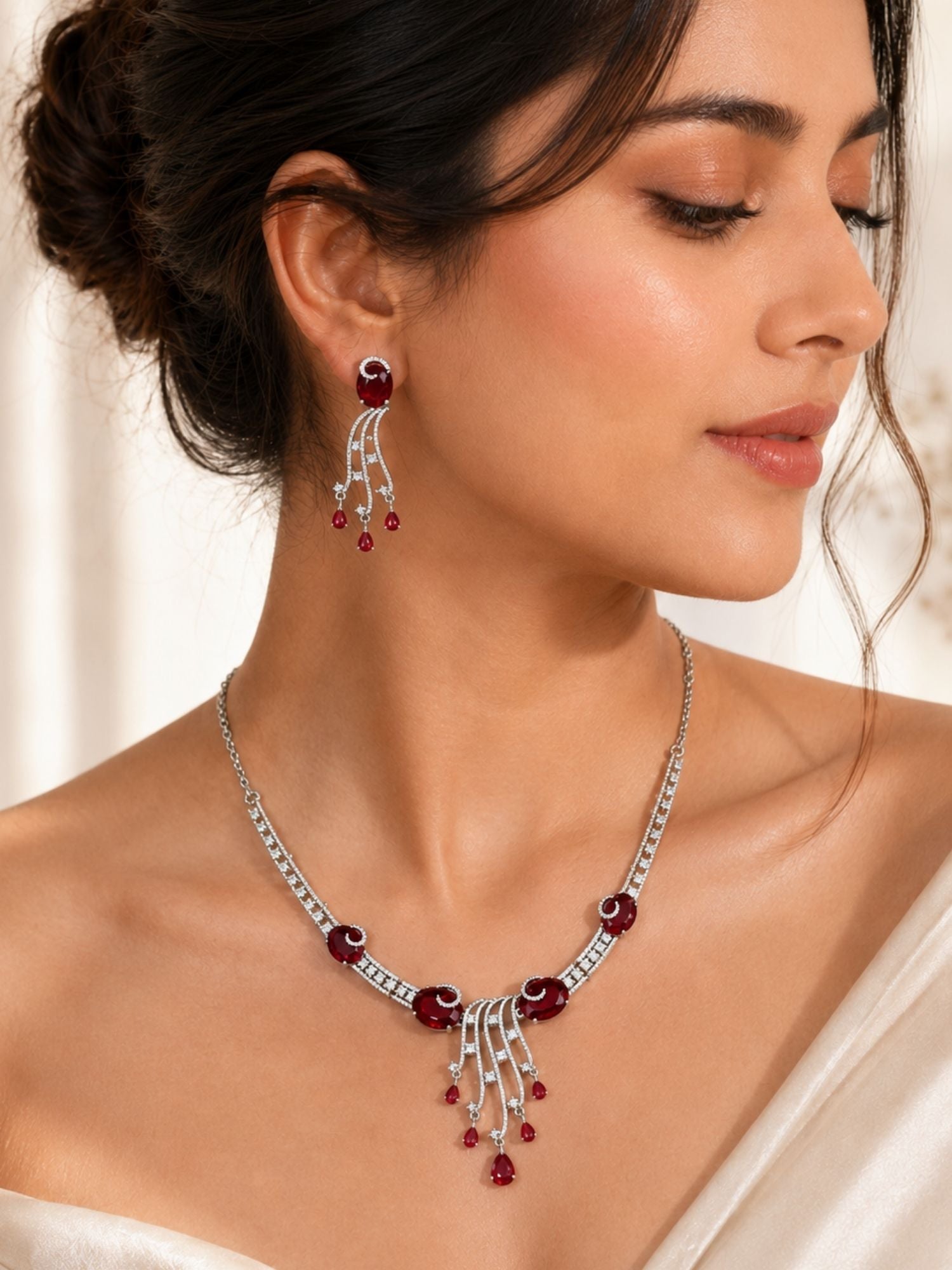 Silver Tone Cz Emerald Ruby American Diamond Necklace Set | Abdesigns