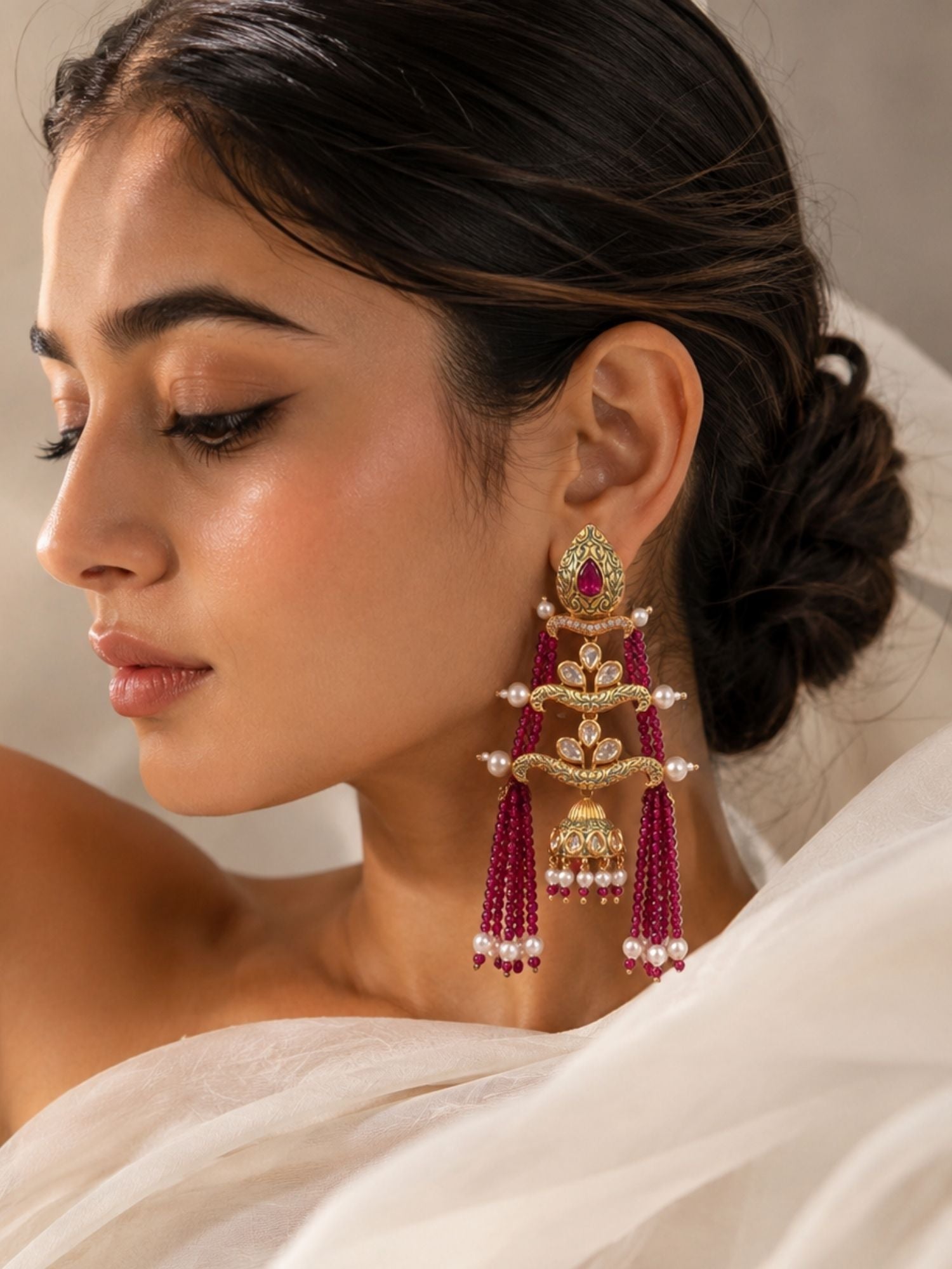 Royal Pink Beaded Jhumka Tassel Earrings – Traditional Kundan Statement Earrings - earrings by Abdesigns Jewellery