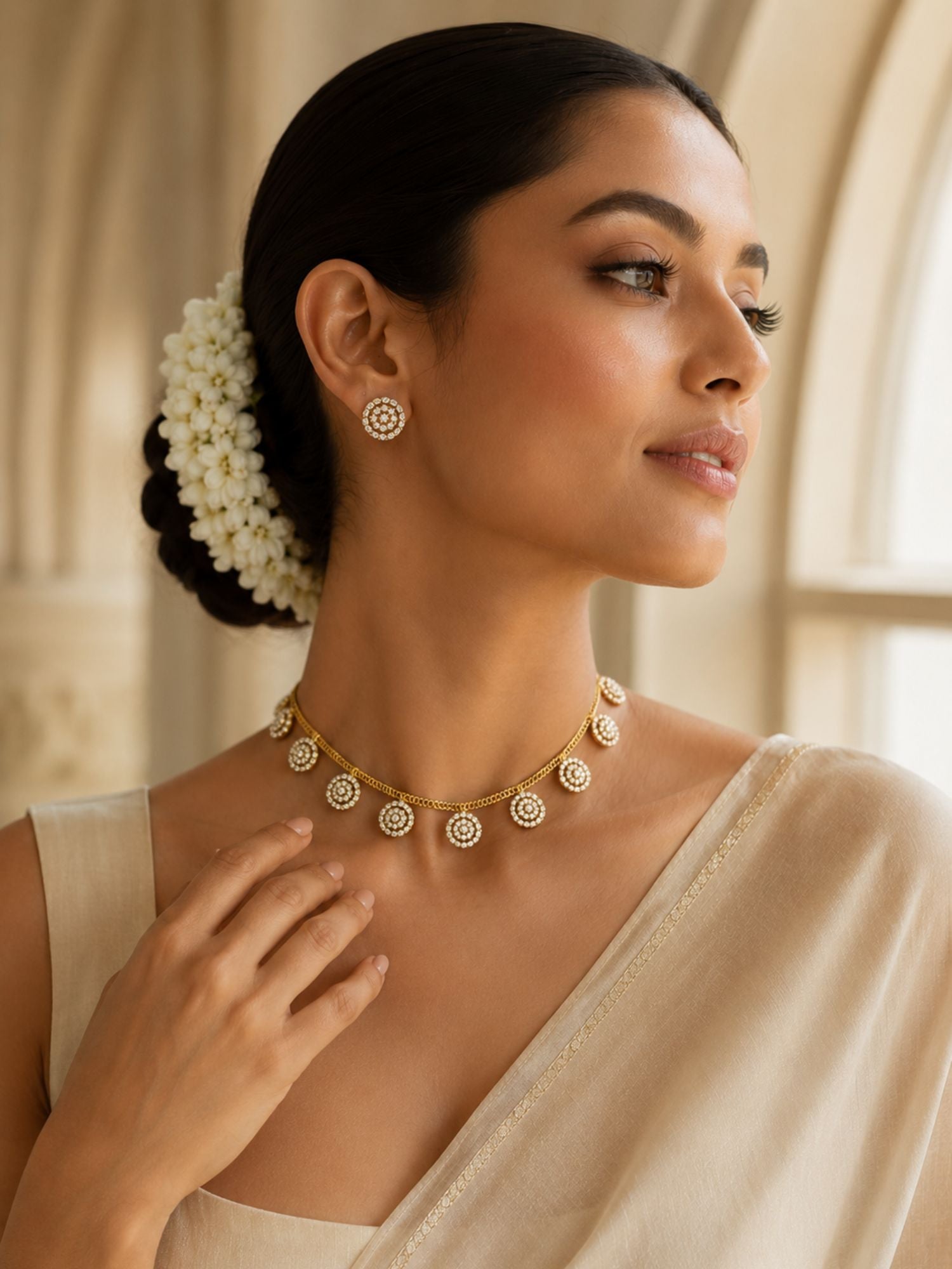 Round Diamond CZ Necklace Set in Gold Plating – Party Wear | Abdesigns