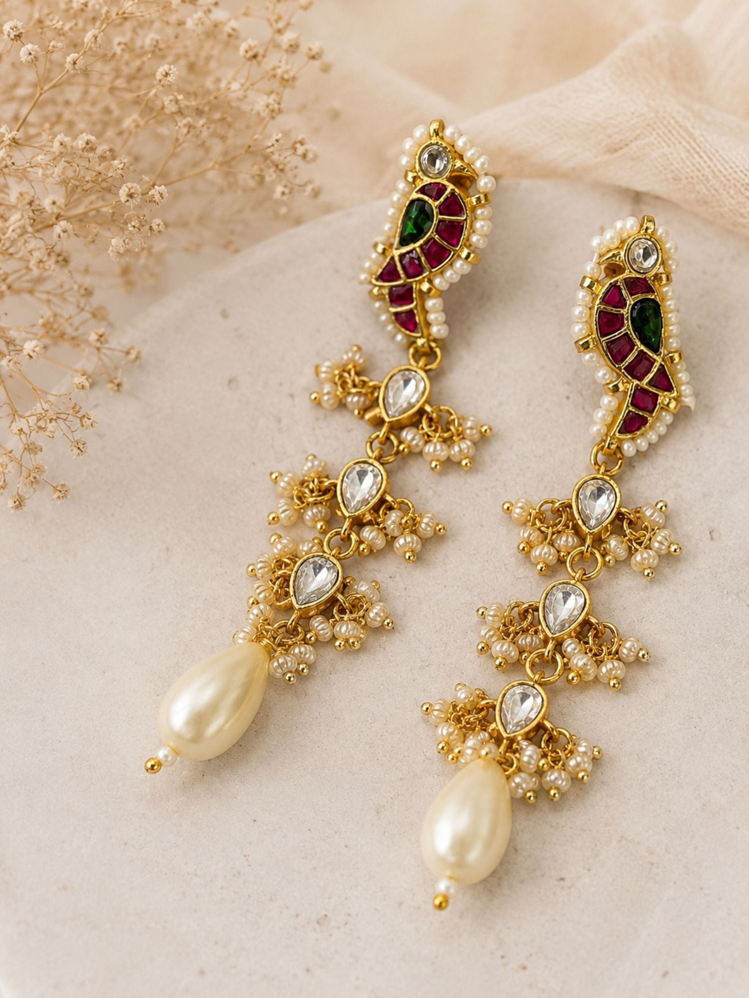 Abdesigns Traditional Pachi Kundan Parrot Bird Pearl Drop Earrings