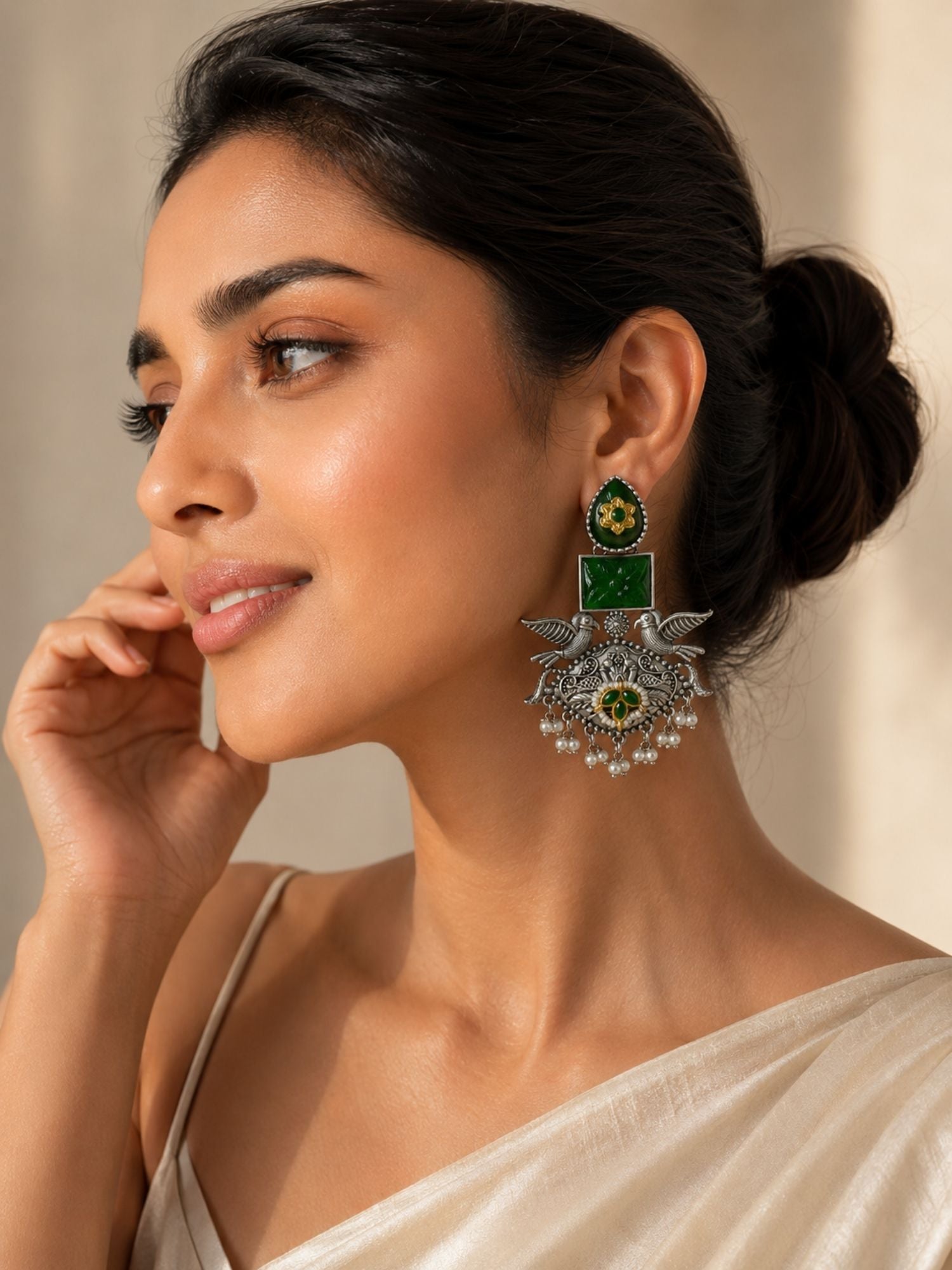 Oxidised Silver Earrings in Green Stone – Festive | Abdesigns