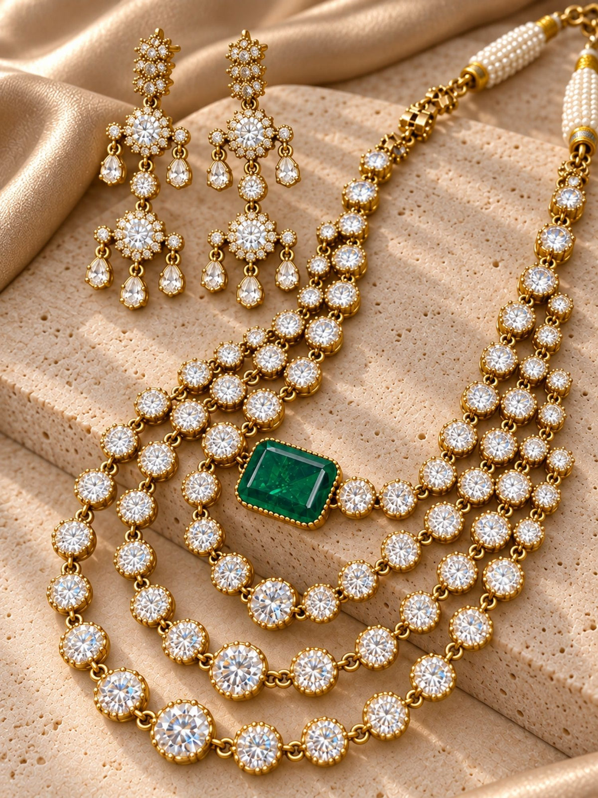Victorian Gold Plated Green Stone Layered AD Statement Necklace Set with Earrings