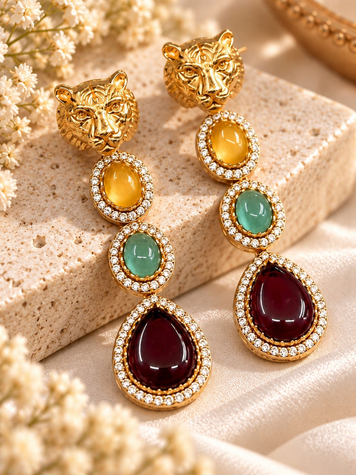 Multicolor Tiger Head Drop Earrings Gold Plated | Abdesigns Jewellery