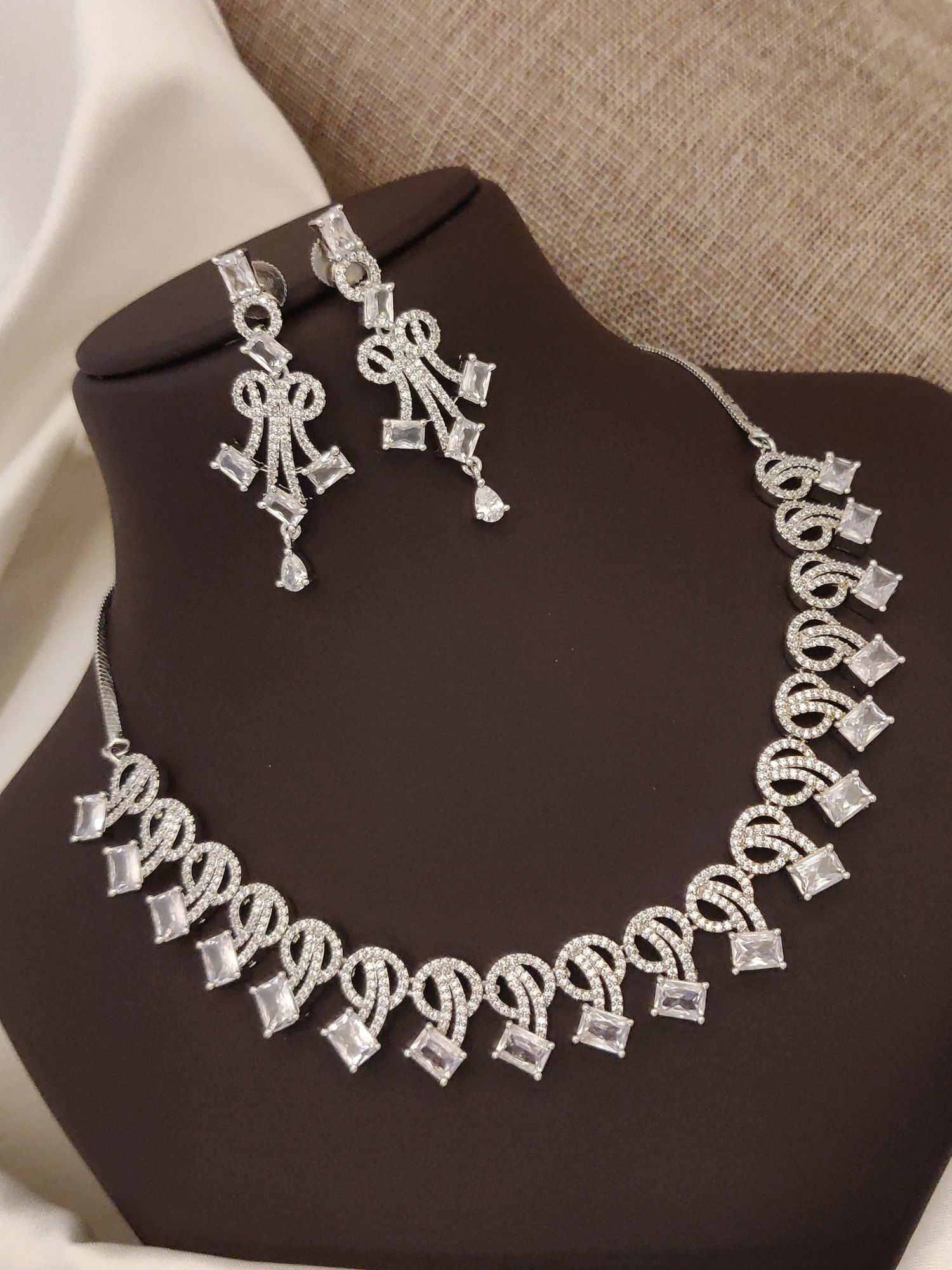 Abdesigns Silver Plated American Diamond Necklace Set