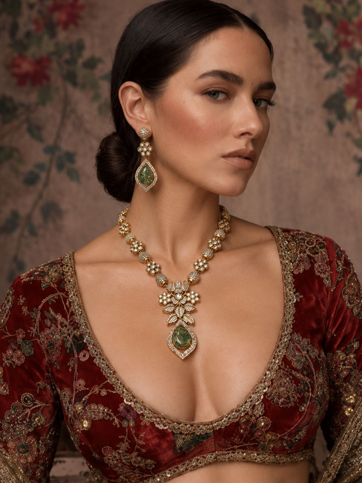 Kundan Polki Green Teardrop Floral Necklace Set | Abdesigns