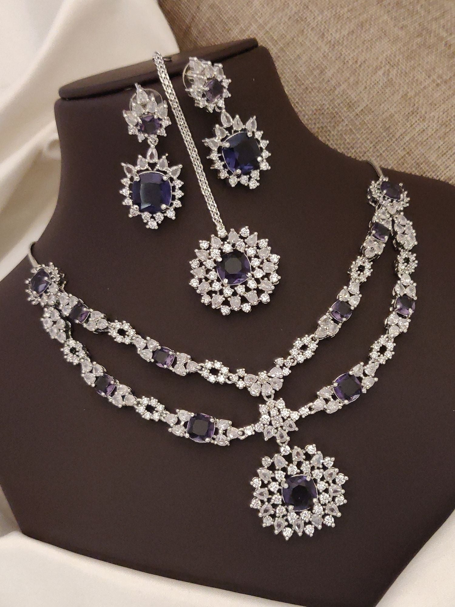 Abdesigns Silver Plated American Diamond Necklace Set