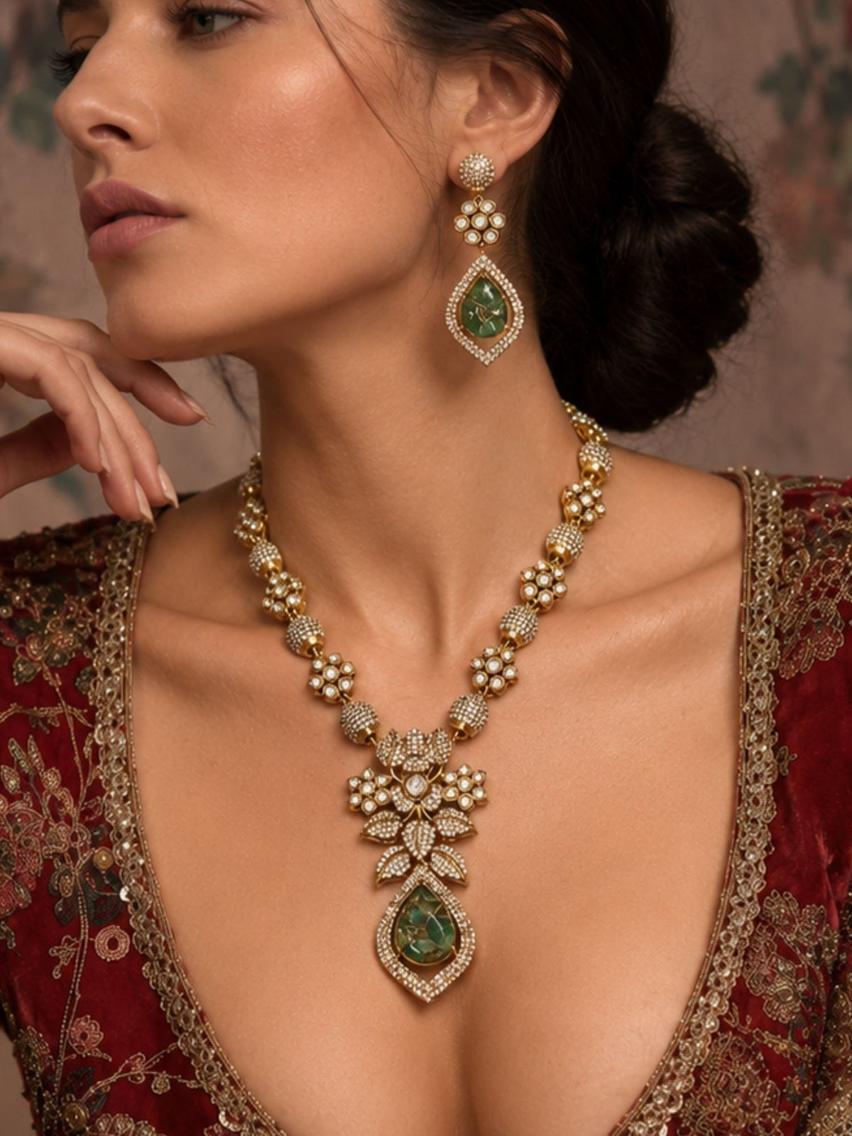 Kundan Polki Green Teardrop Floral Necklace Set | Abdesigns