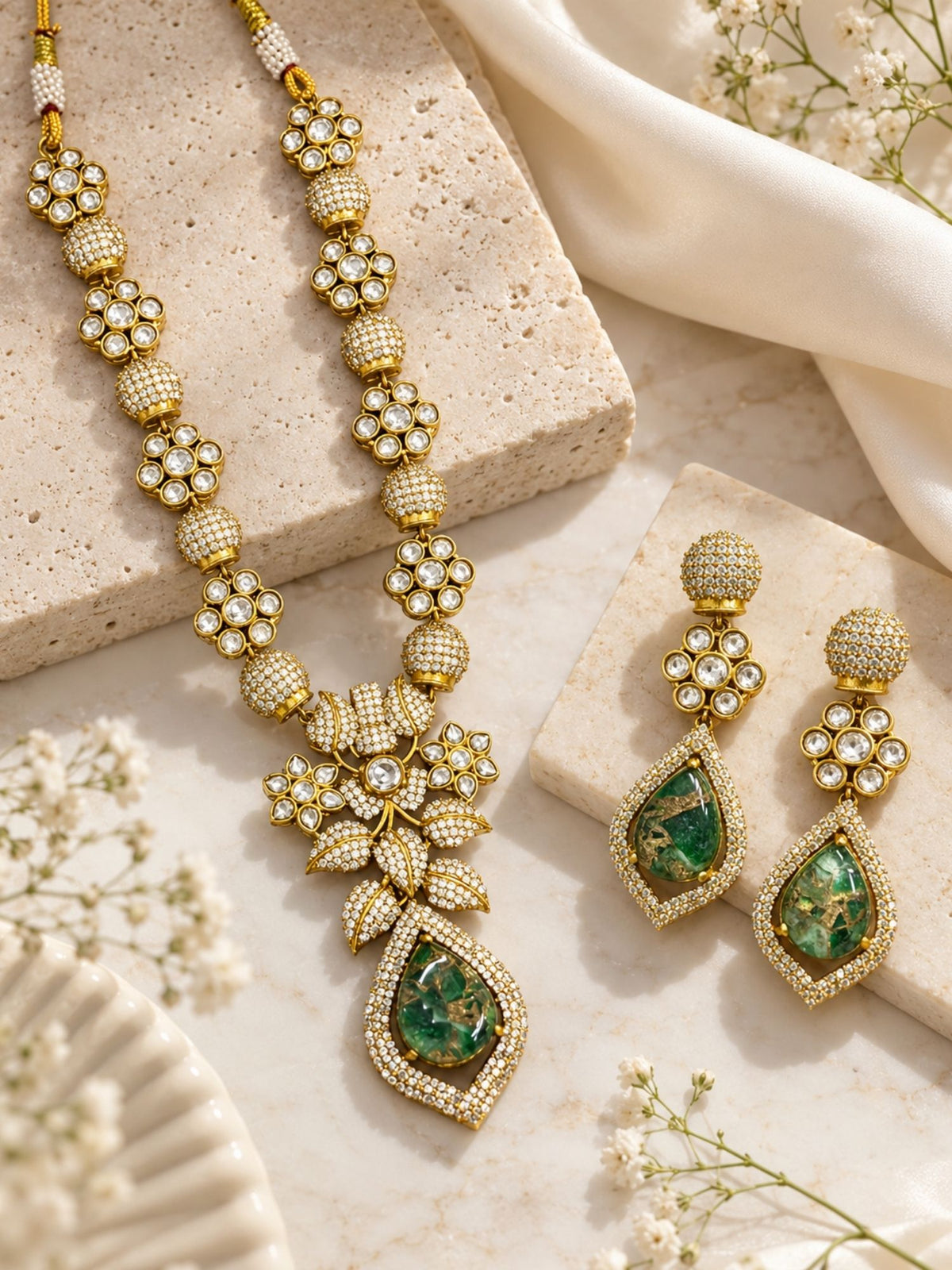 Kundan Polki Green Teardrop Floral Necklace Set | Abdesigns