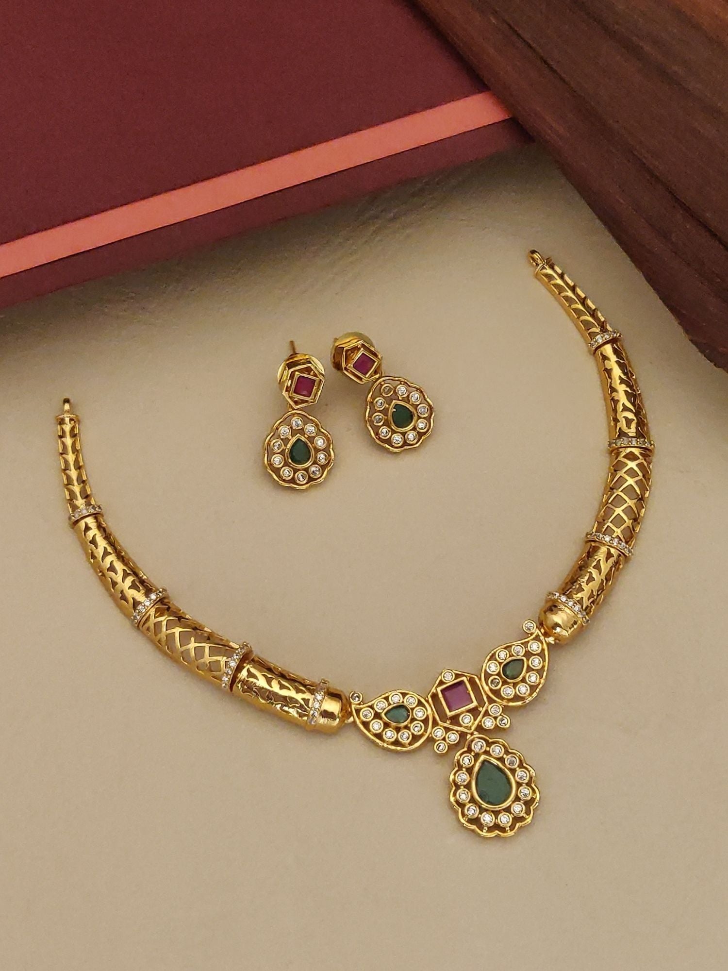 Abdesigns Gold Plated American Diamond Necklace Set