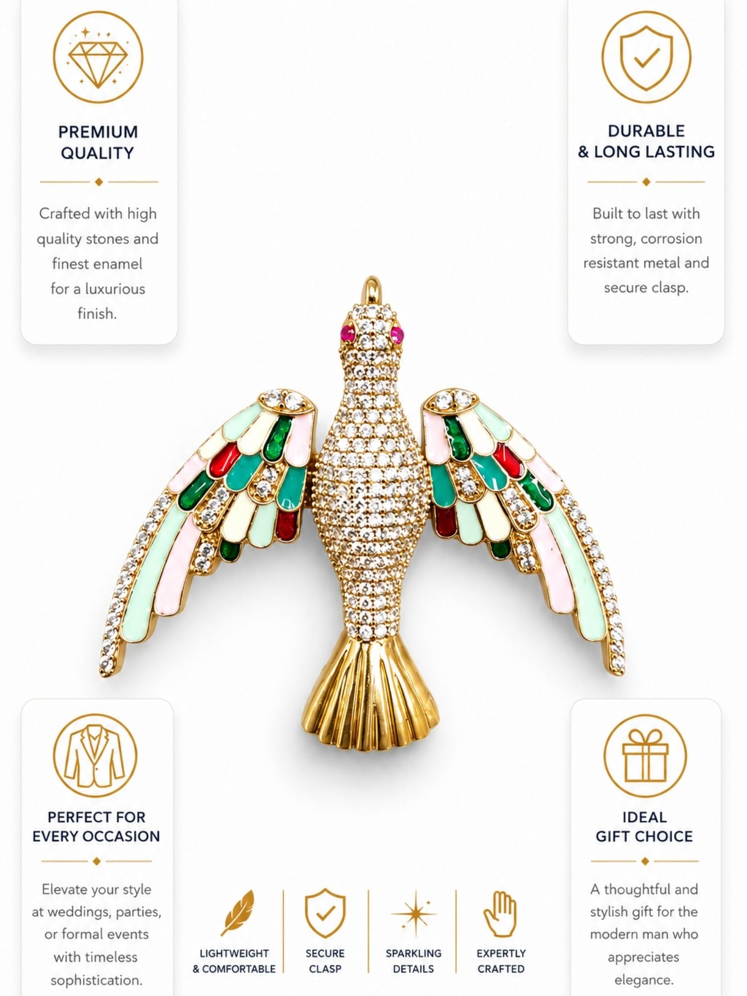 Luxury Crystal Bird Brooch Pin for Men & Women | Multicolor Enamel Gold Plated Statement Lapel Pin