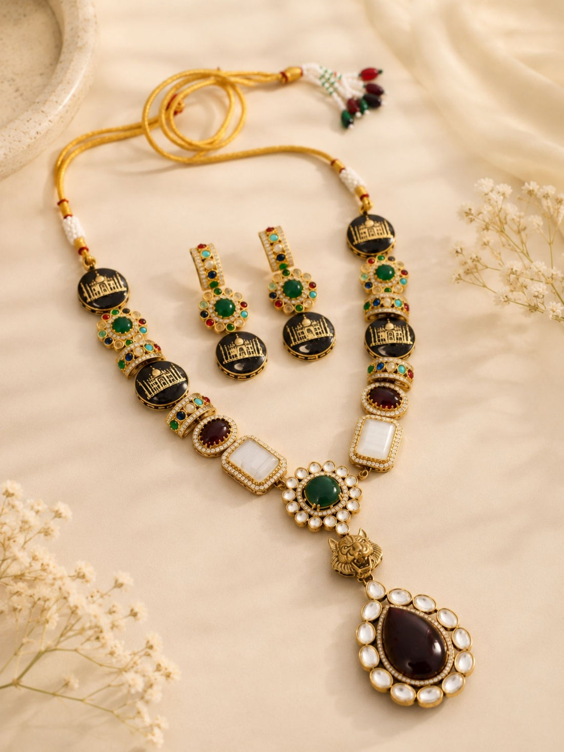 Victorian Sabyasachi Inspired Multicolor Kundan Taj Mahal Necklace Set | Abdesigns