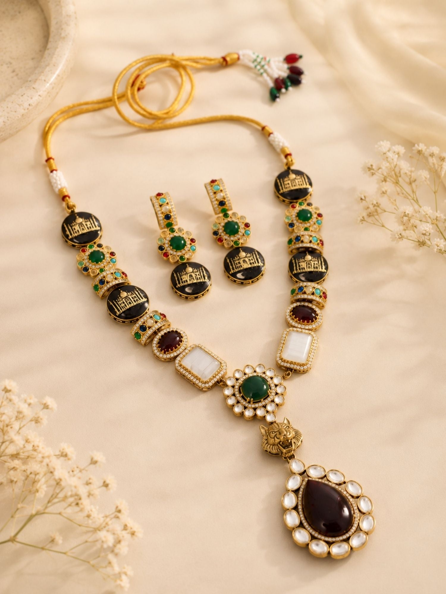 Victorian Sabyasachi Inspired Multicolor Kundan Taj Mahal Necklace Set | Abdesigns