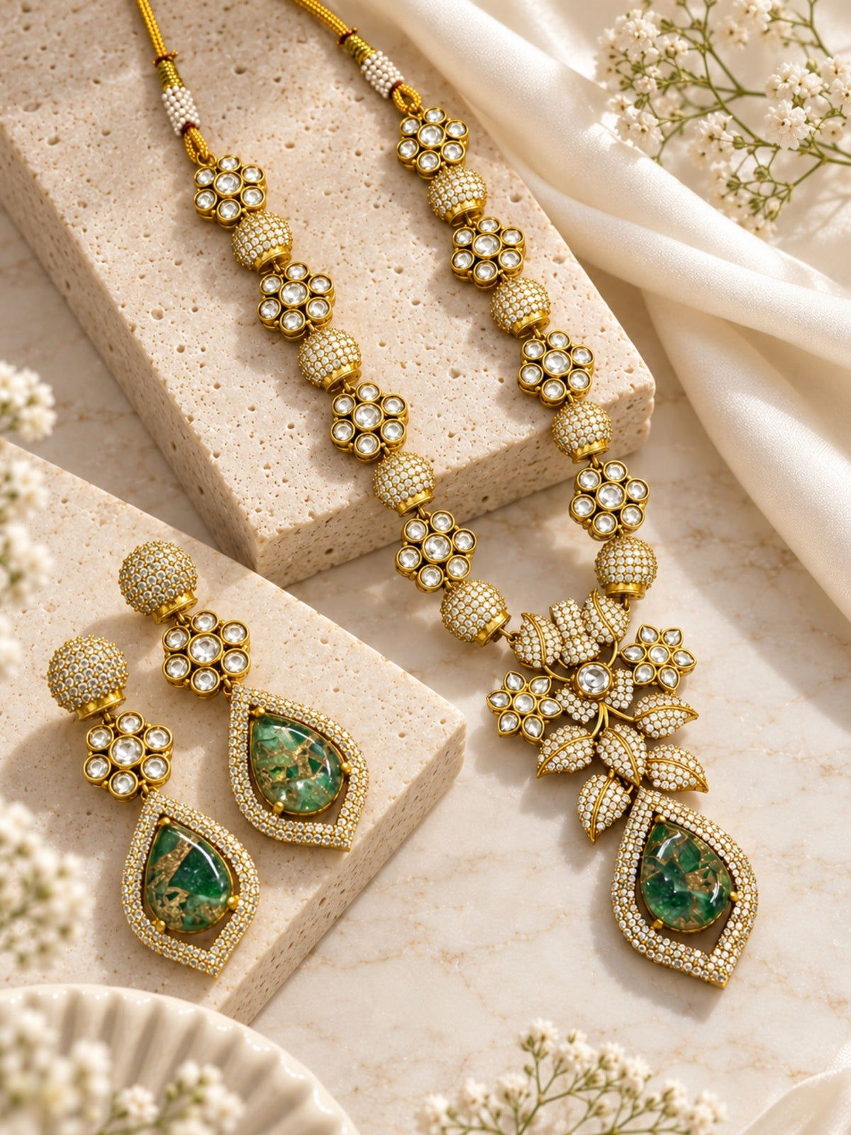 Kundan Polki Green Teardrop Floral Necklace Set | Abdesigns