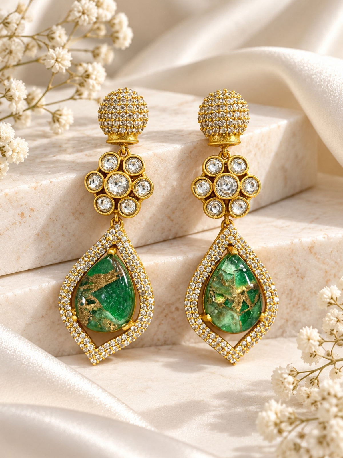 Kundan Polki Green Teardrop Floral Necklace Set | Abdesigns