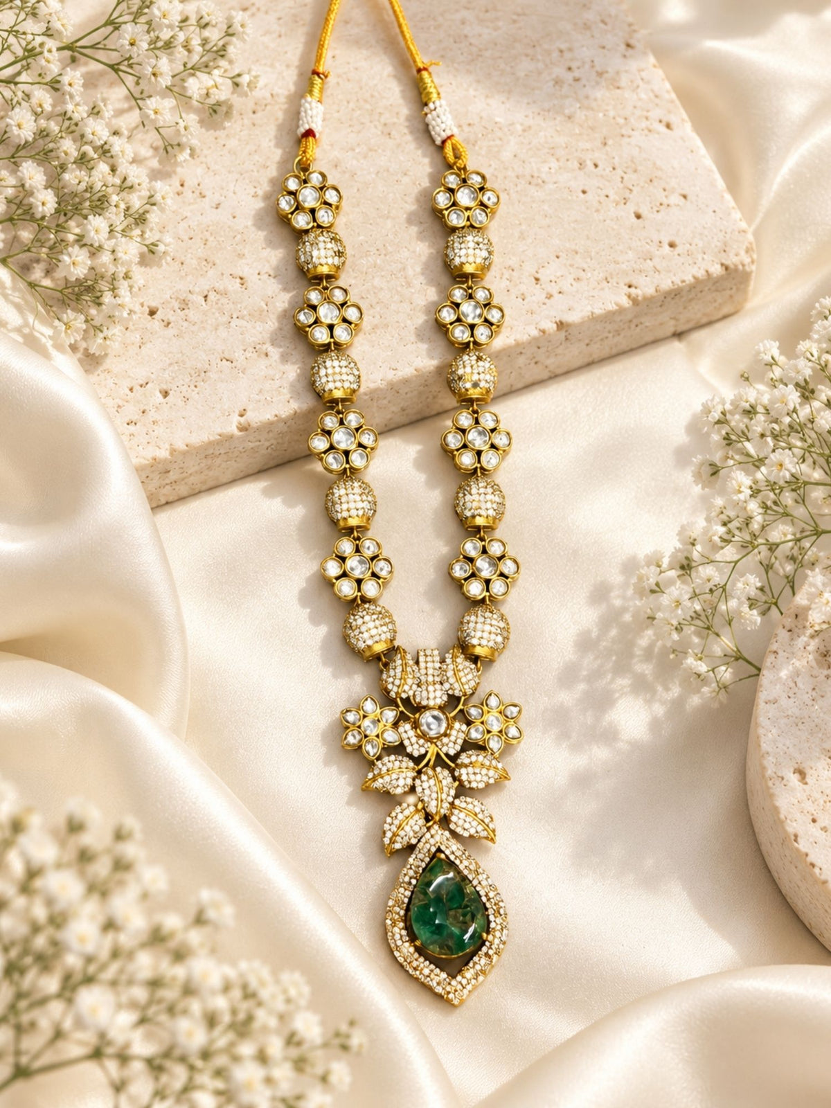 Kundan Polki Green Teardrop Floral Necklace Set | Abdesigns