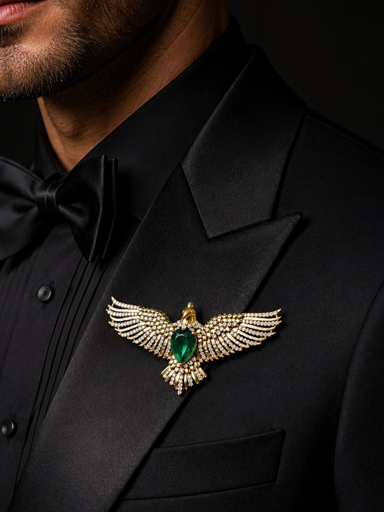 Luxury Eagle Brooch Pin for Men & Women | Green Stone Gold Plated Statement Lapel Pin