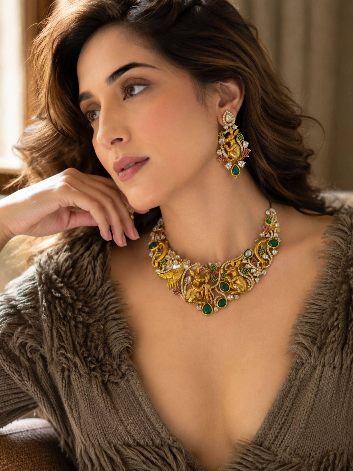 Antique Gold Plated Multicolor Kundan Peacock & Rabbit Necklace Set