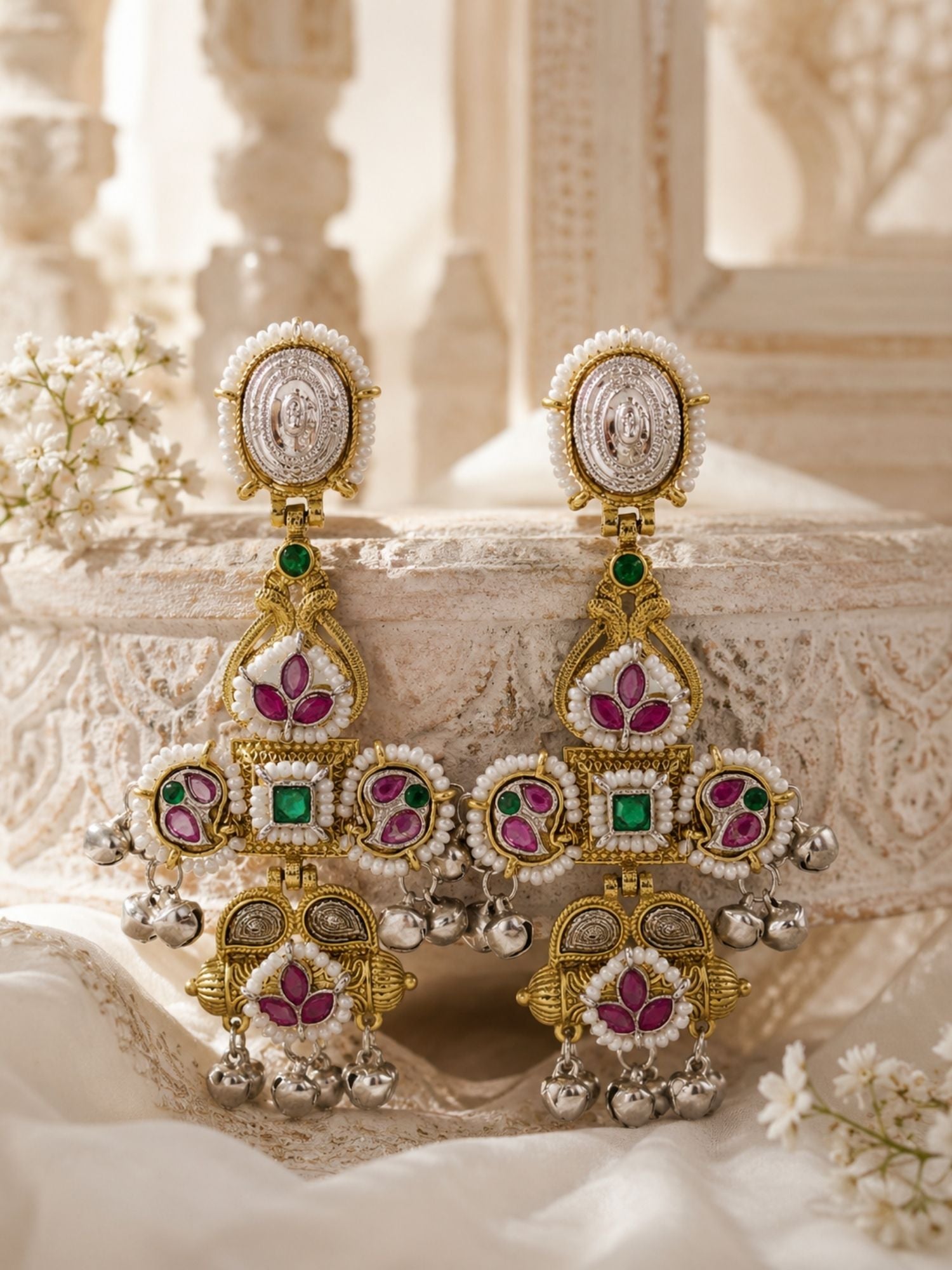 Dual Tone Pink Meenakari German Silver Jhumka Earrings Combo Set of 2 for Women