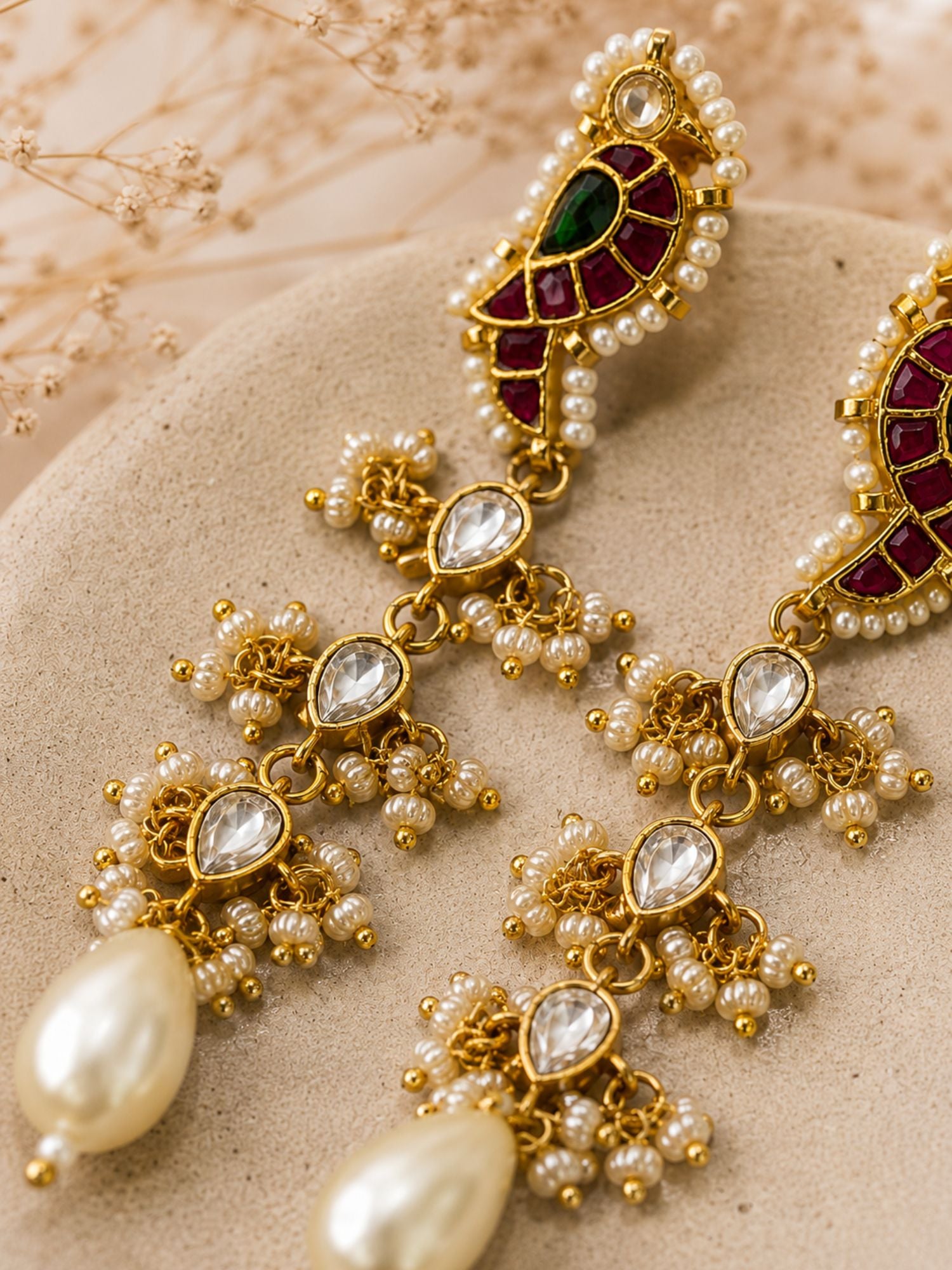 Abdesigns Traditional Pachi Kundan Parrot Bird Pearl Drop Earrings