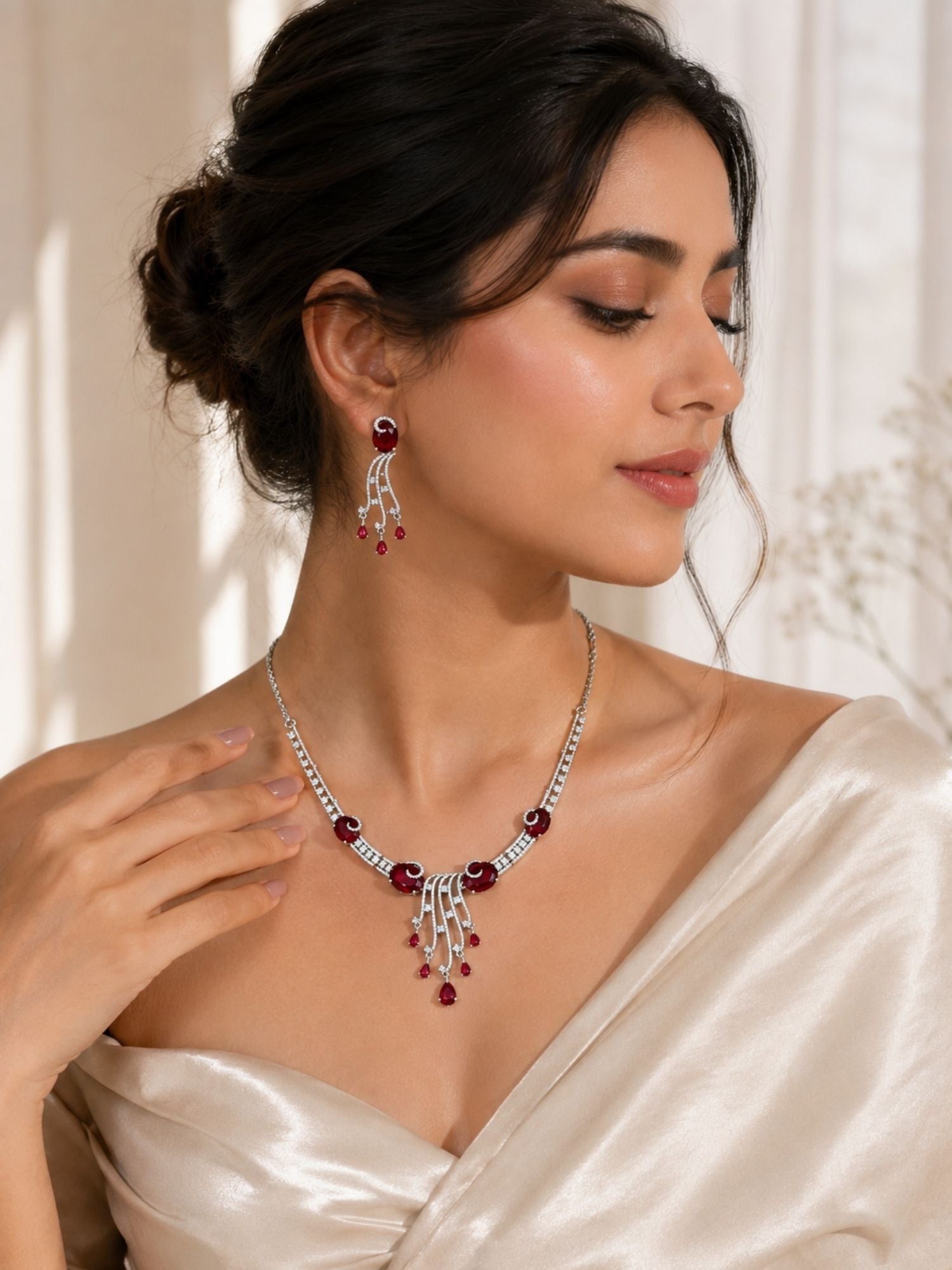 Silver Tone Cz Emerald Ruby American Diamond Necklace Set | Abdesigns