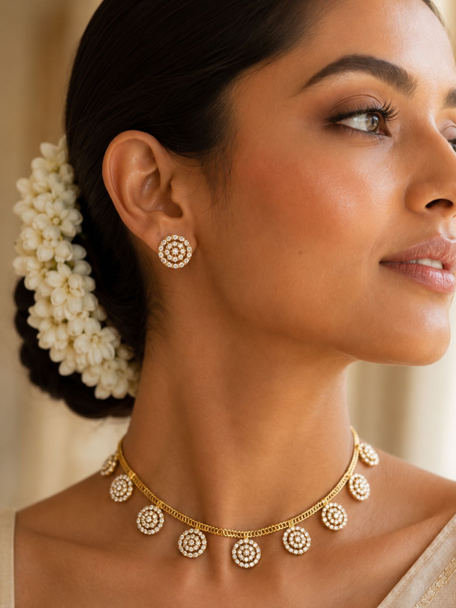 Round Diamond CZ Necklace Set in Gold Plating – Party Wear | Abdesigns