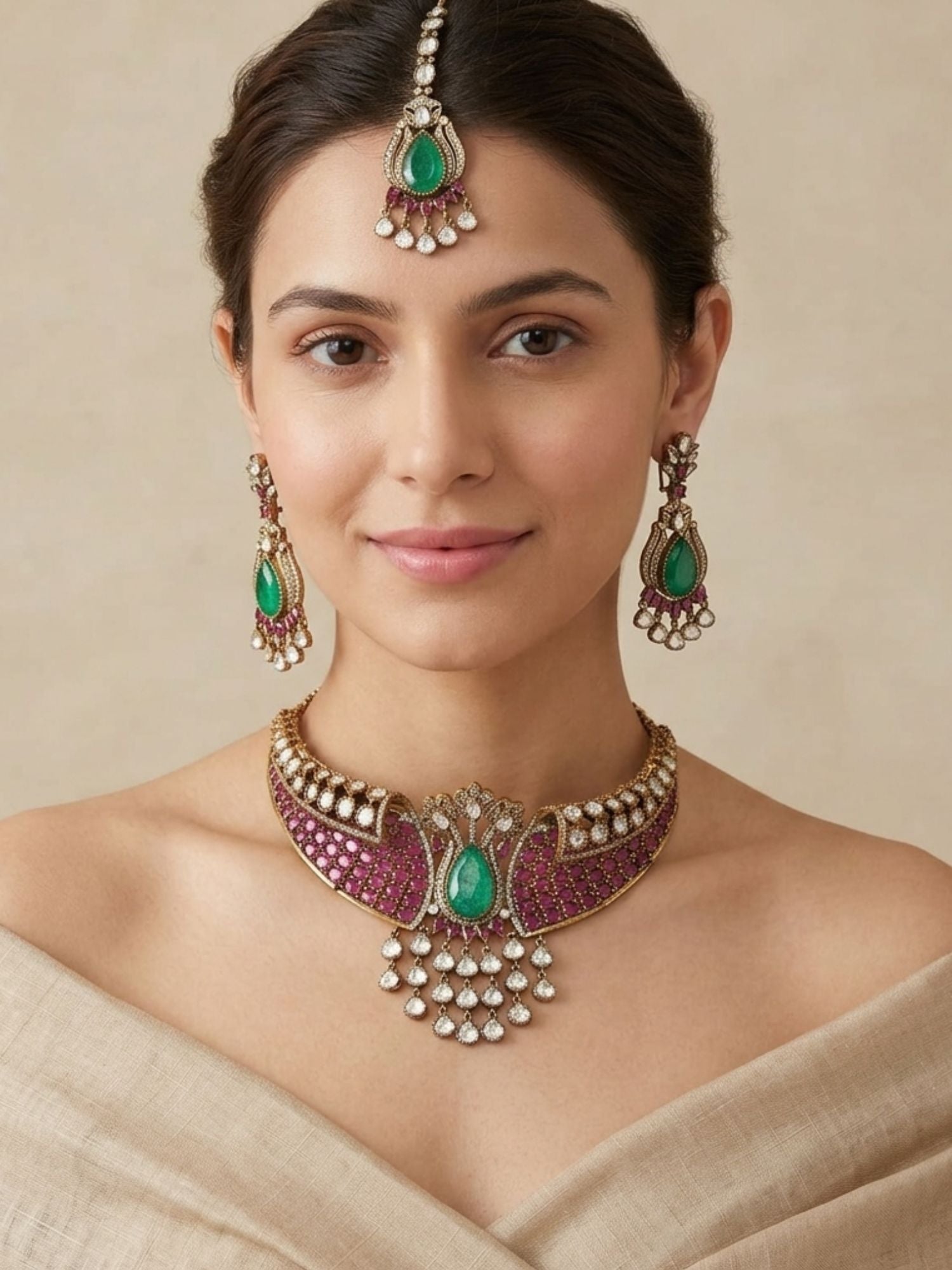 Abdesigns Heavy Bridal Choker Set with Maang Tikka & Earrings