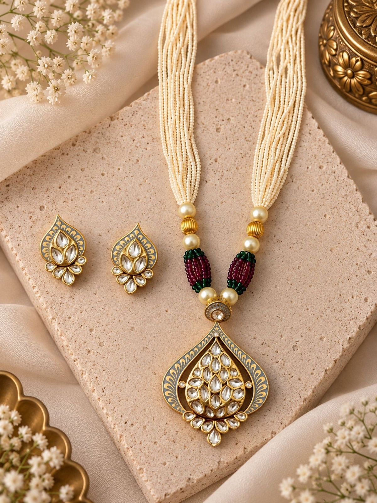Kundan Pearl Teardrop Mala Necklace Set with Earrings, 4 Colours
