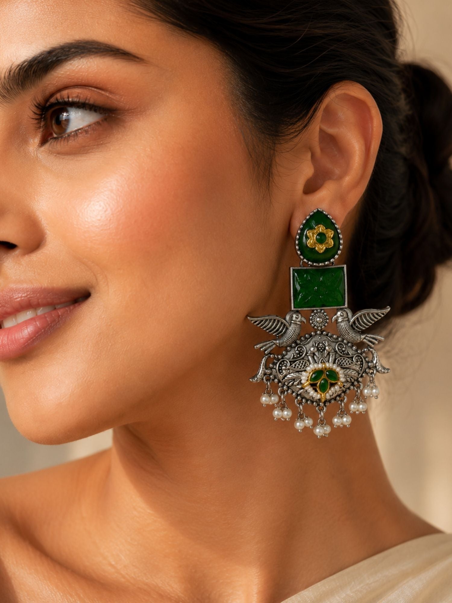 Oxidised Silver Earrings in Green Stone – Festive | Abdesigns