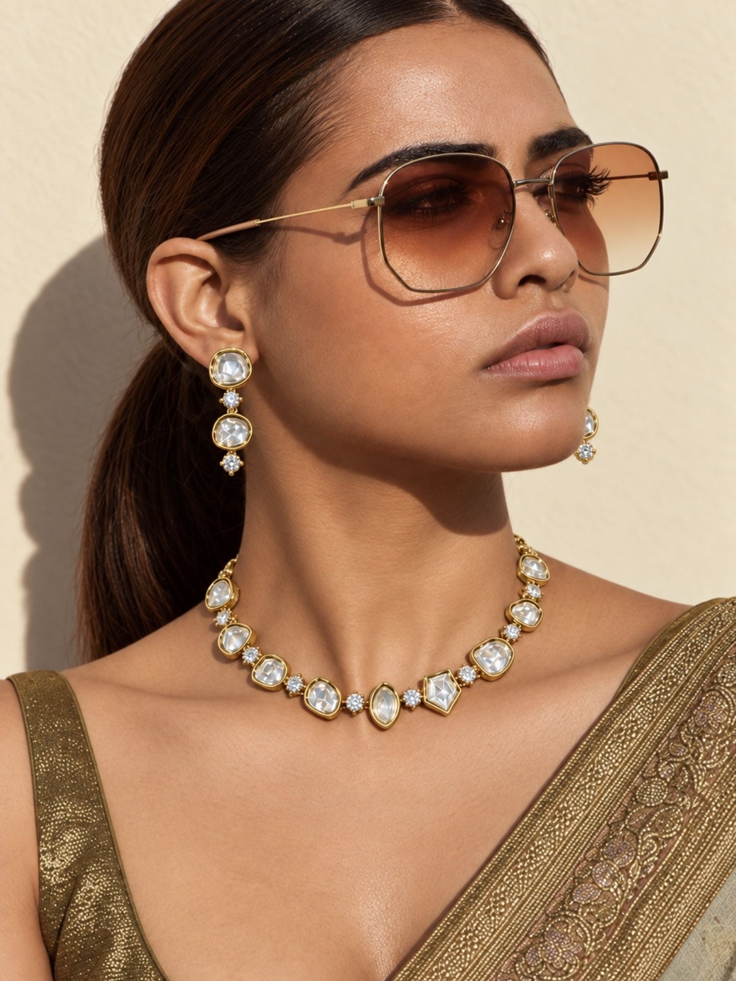 Gold Plated Kundan Polki Statement Necklace Set with Earrings