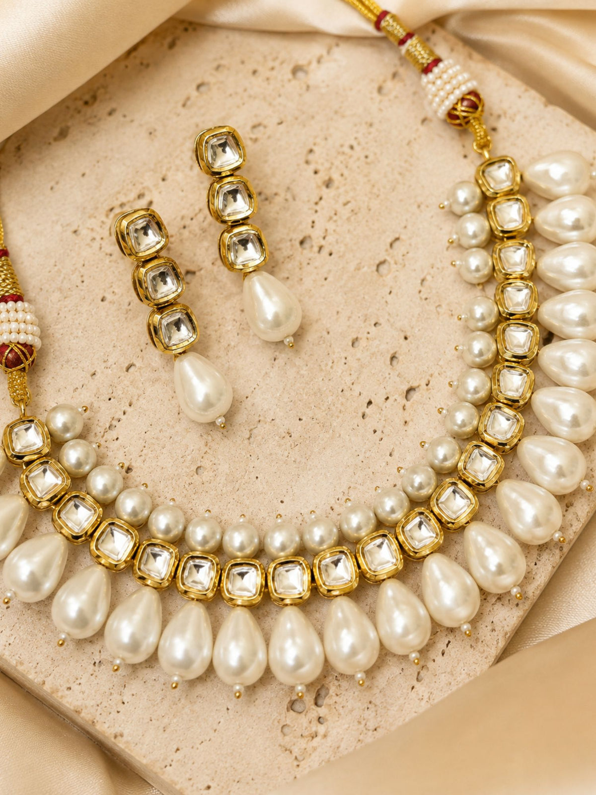 White Kundan Pearl Statement Necklace Set for Women