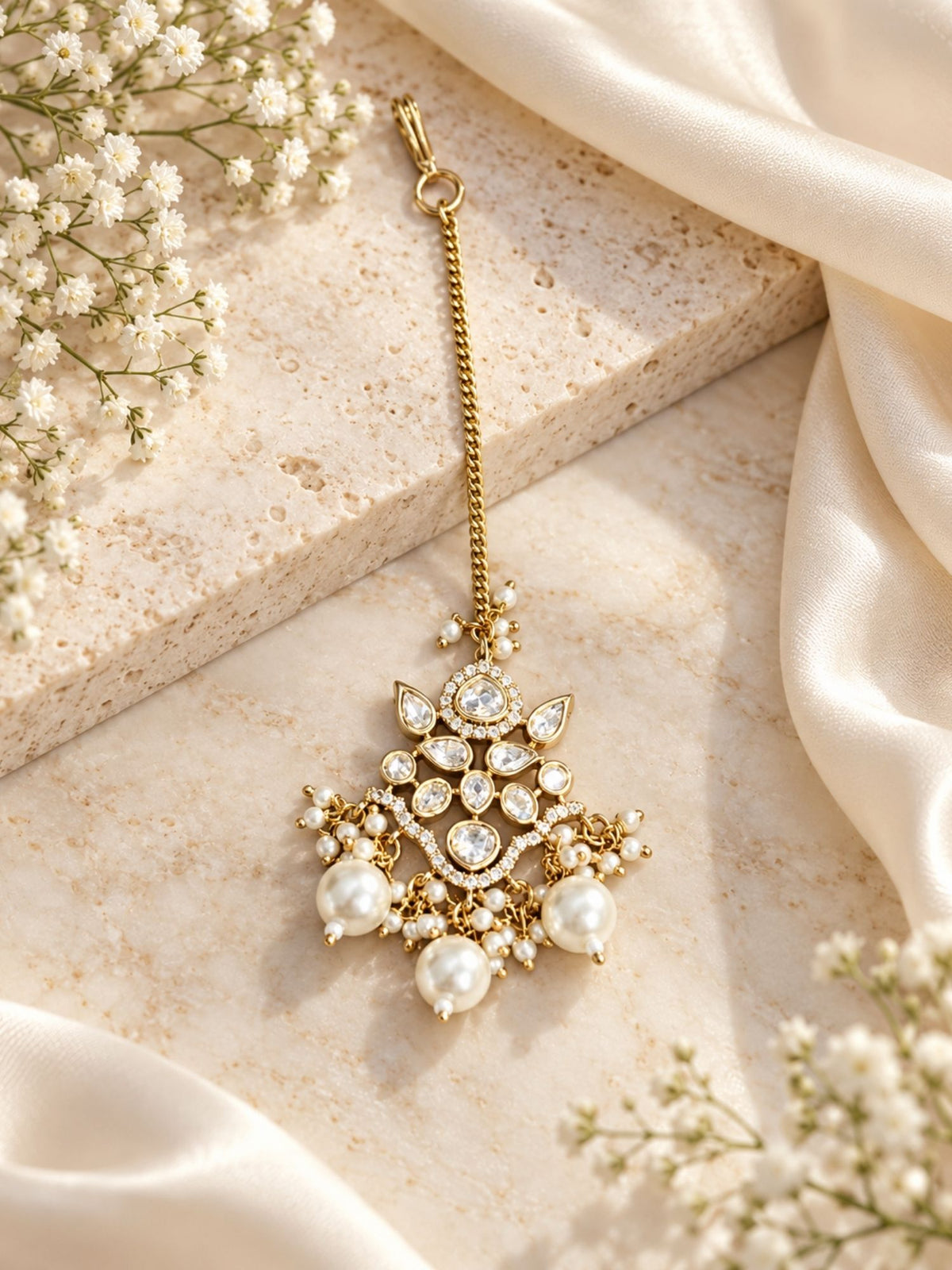 Kundan Polki Pearl Drop Maang Tikka Gold Plated | Abdesigns
