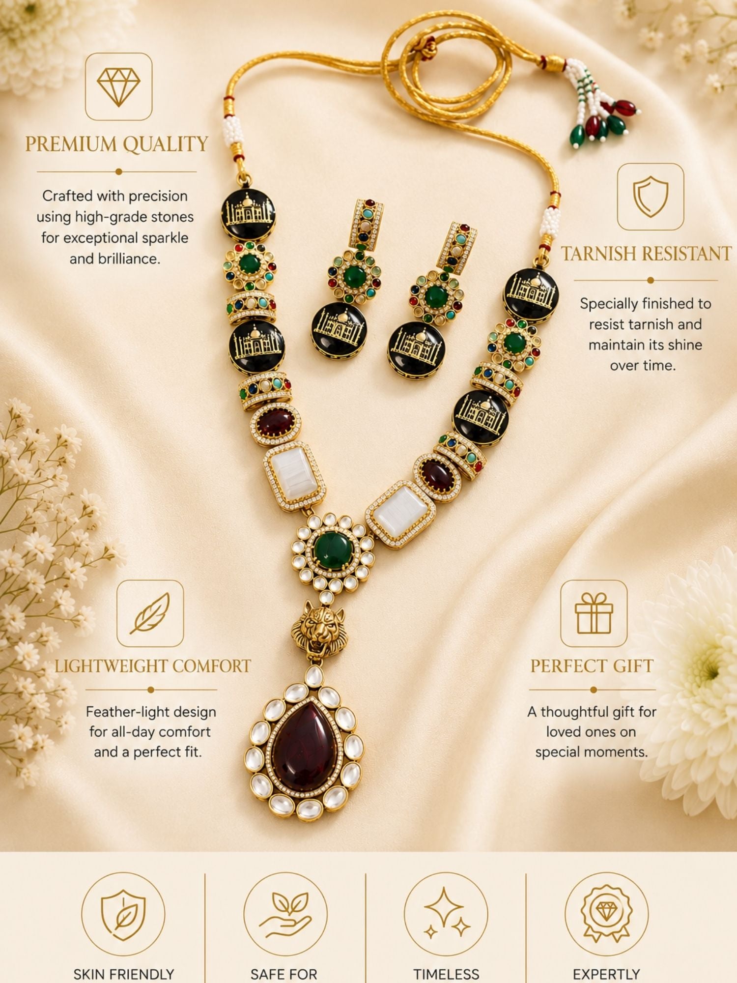 Victorian Sabyasachi Inspired Multicolor Kundan Taj Mahal Necklace Set | Abdesigns